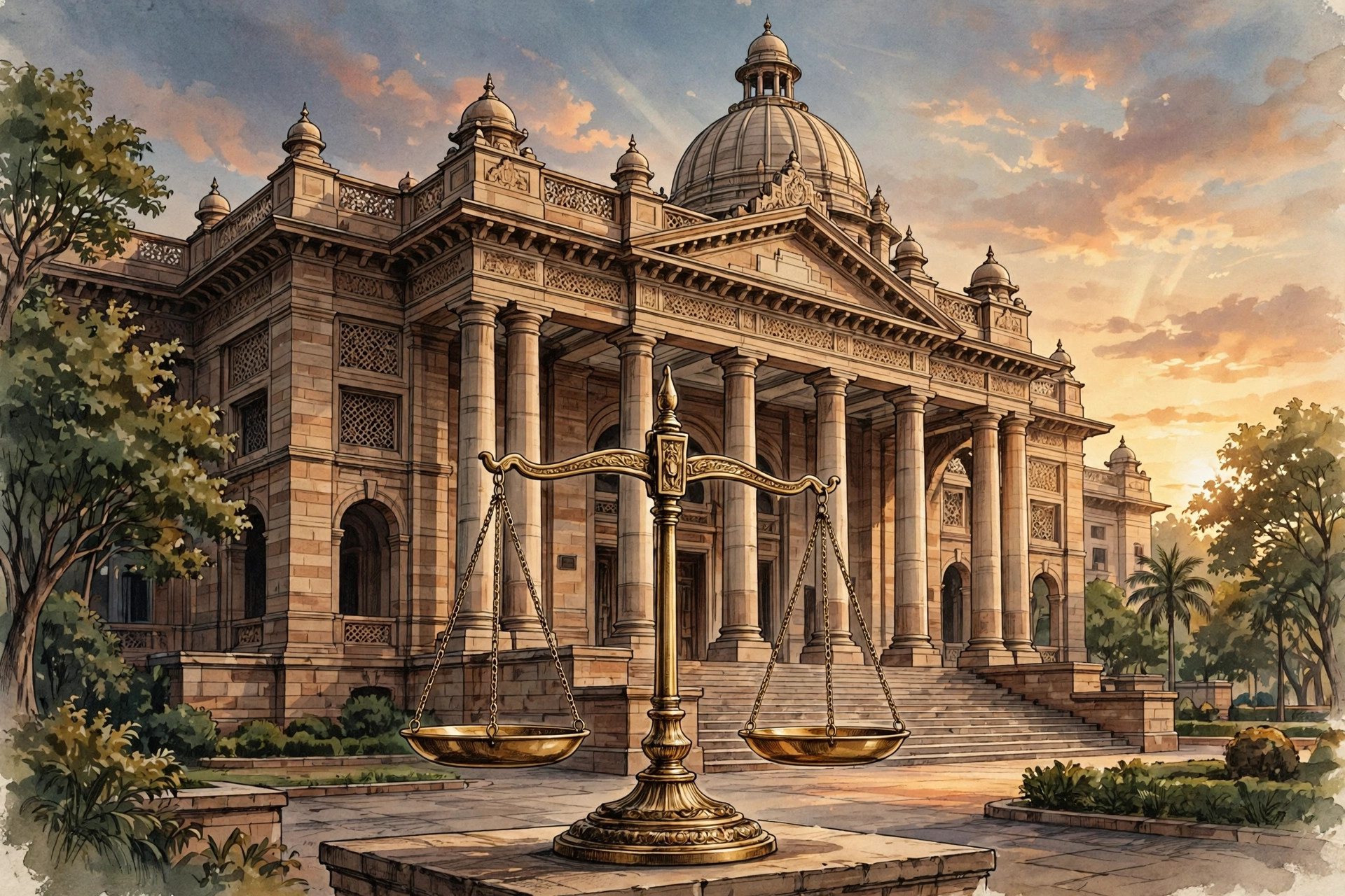 Editorial illustration of a high court building with columns and a scales of justice symbol