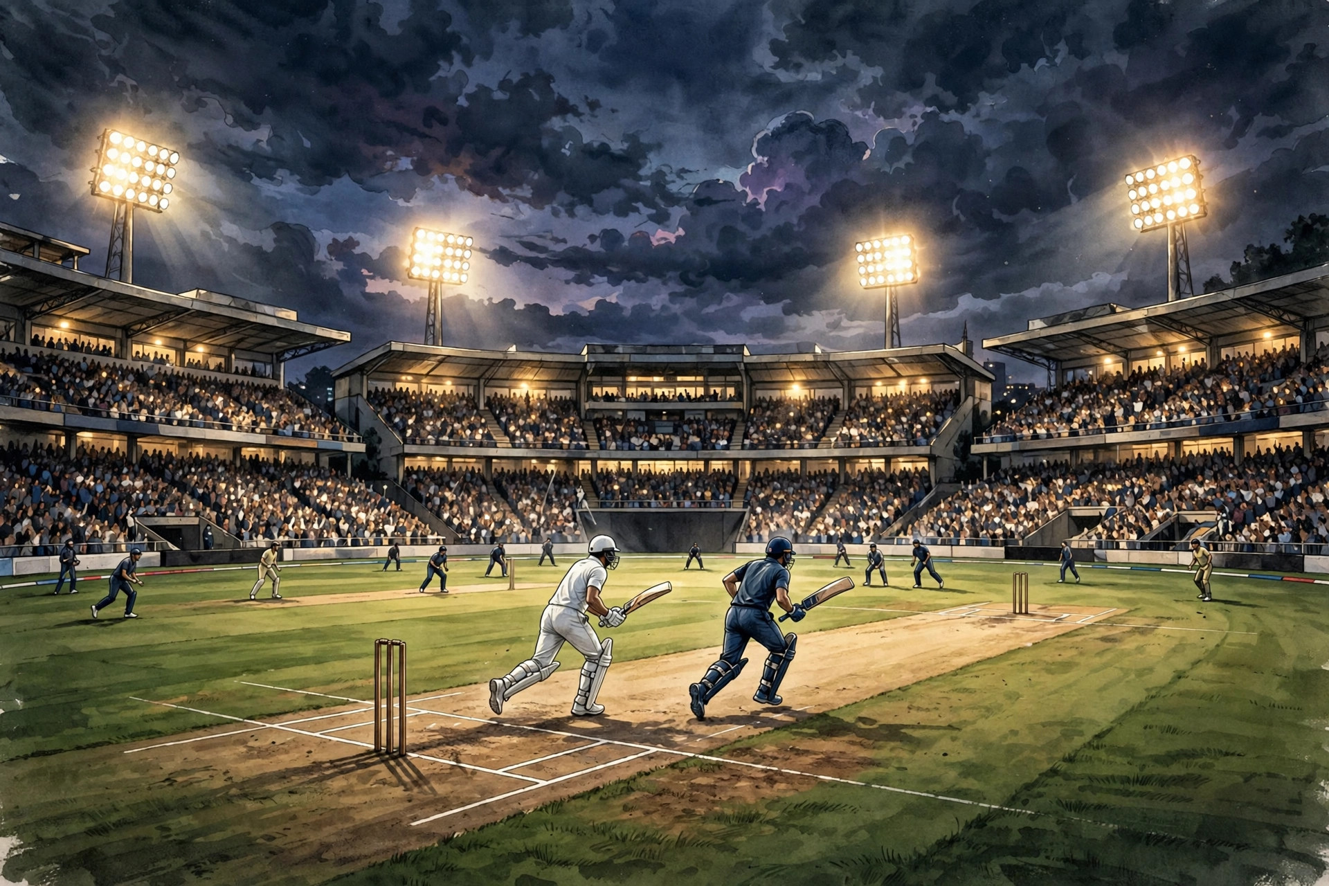 Editorial illustration of a floodlit cricket stadium at night with two generic cricketers running between the wickets in front of a packed crowd