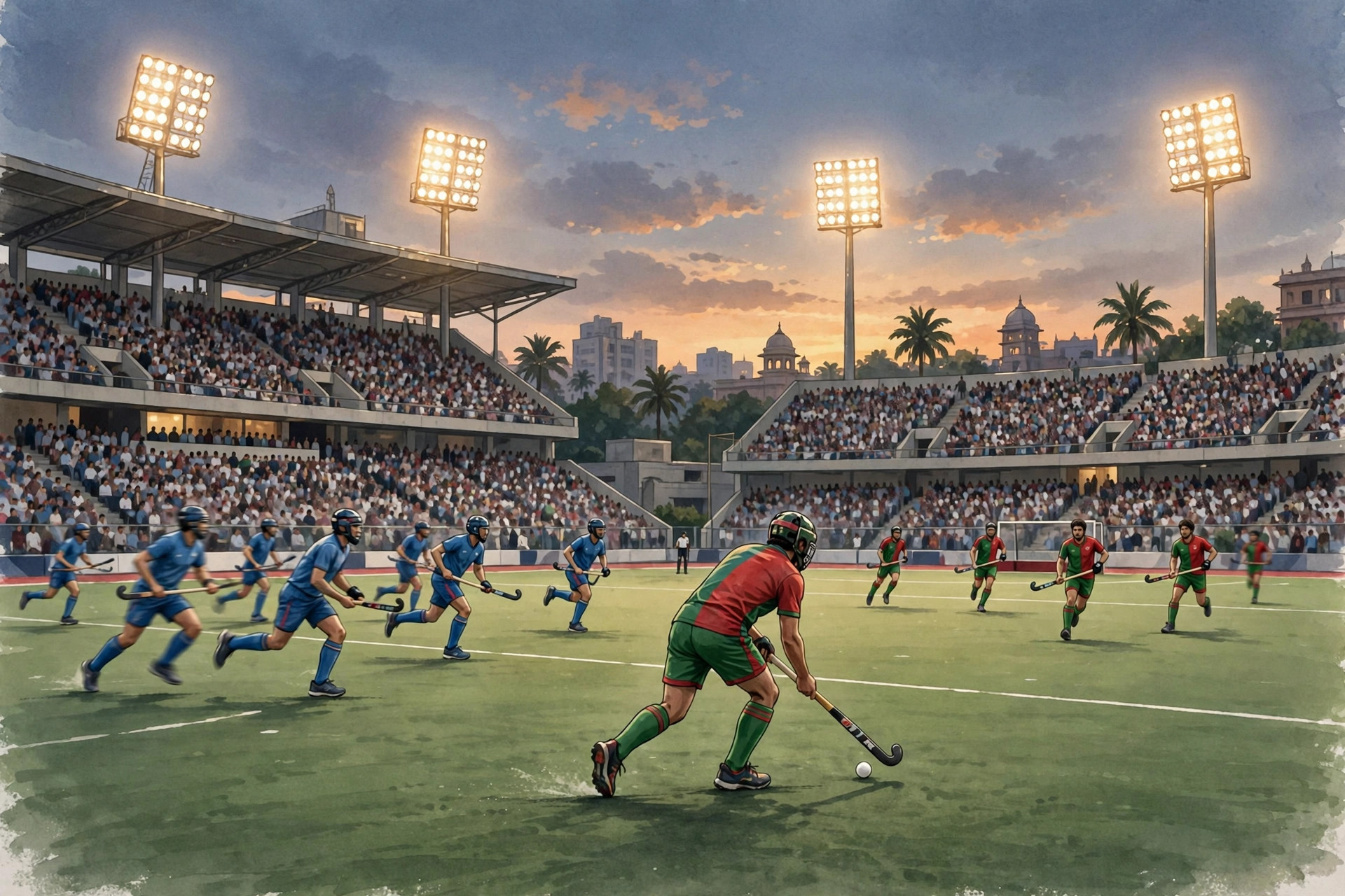 Editorial illustration of a floodlit field hockey match in a packed stadium