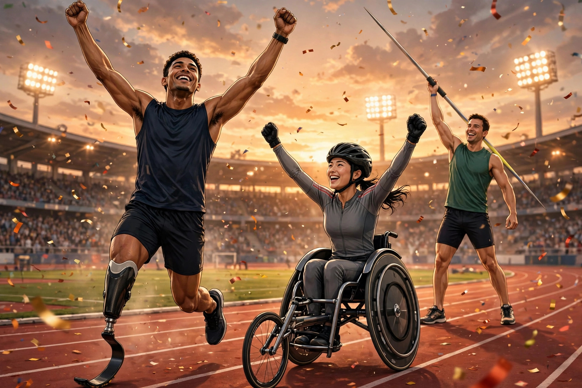 Editorial illustration of para-athletes celebrating on a track in a stadium at sunset, with confetti in the air