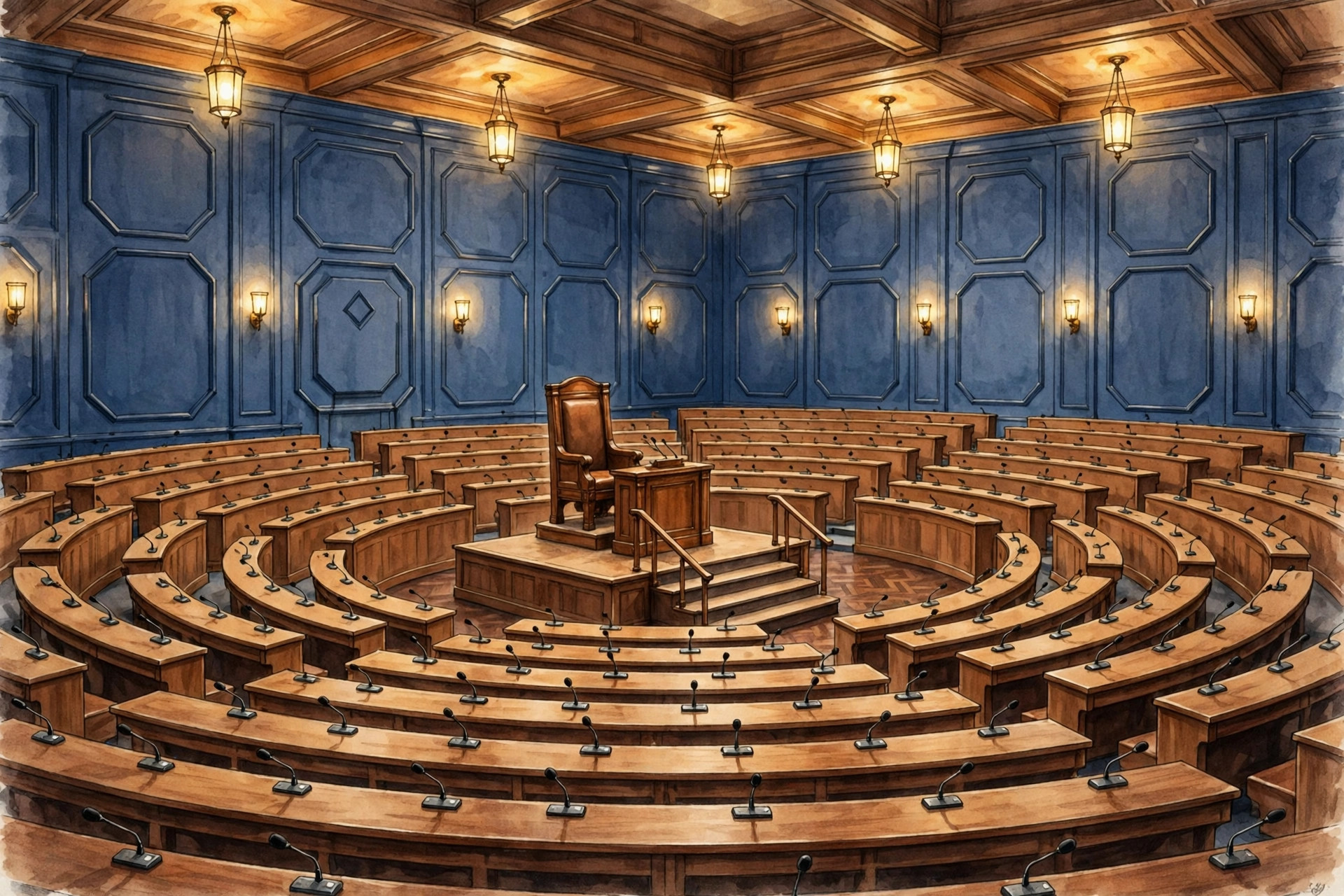 Editorial illustration of an empty parliamentary debating chamber symbolising the INDIA bloc's symbolic public impeachment proceedings