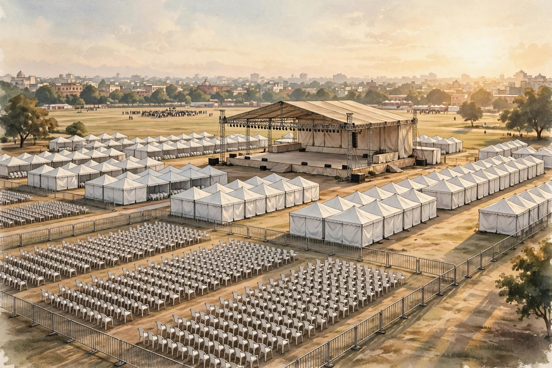 Editorial illustration of a rally ground with a stage, white tents, barricades and rows of chairs