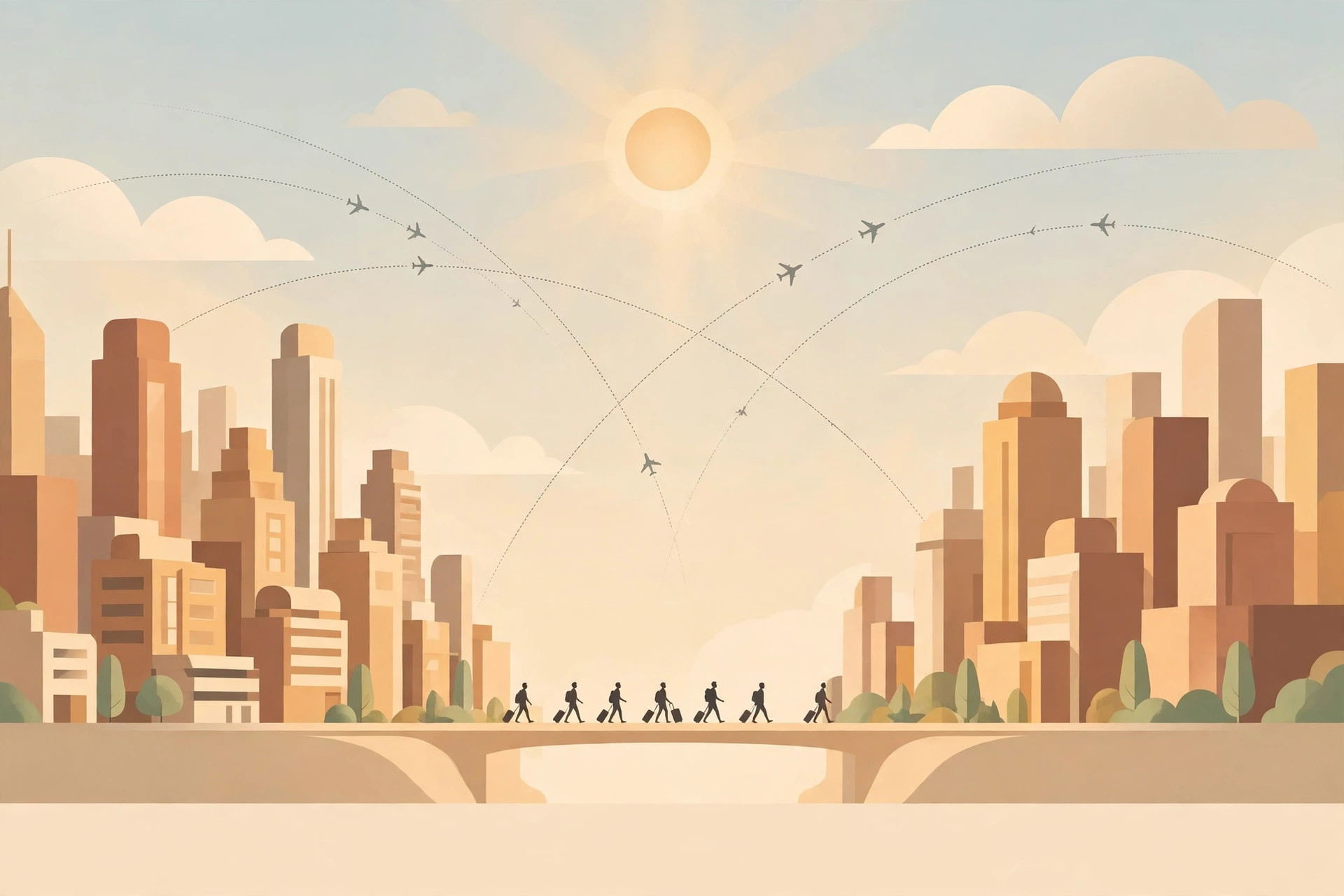 Editorial illustration of two city skylines connected by flight paths, with travellers carrying suitcases crossing a bridge