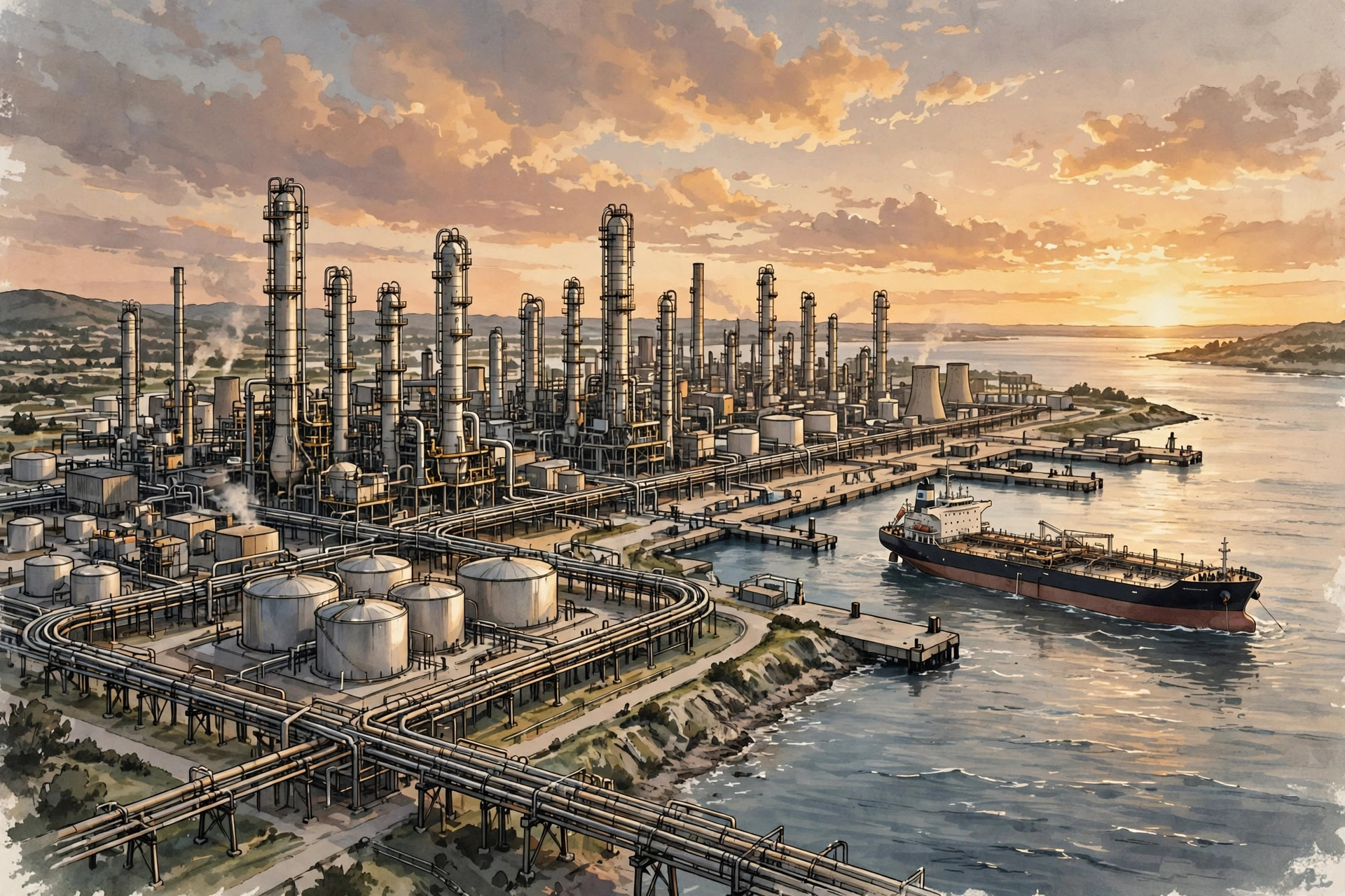 Editorial illustration of a coastal oil refinery and a crude oil tanker ship at dusk