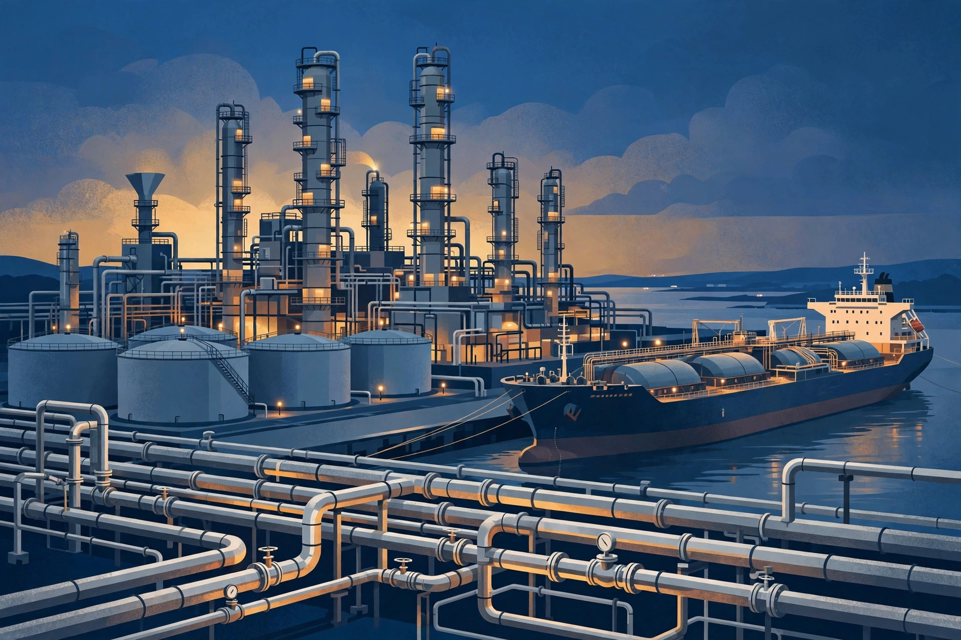 Editorial illustration of an oil refinery and a cargo tanker ship symbolising India's diesel exports
