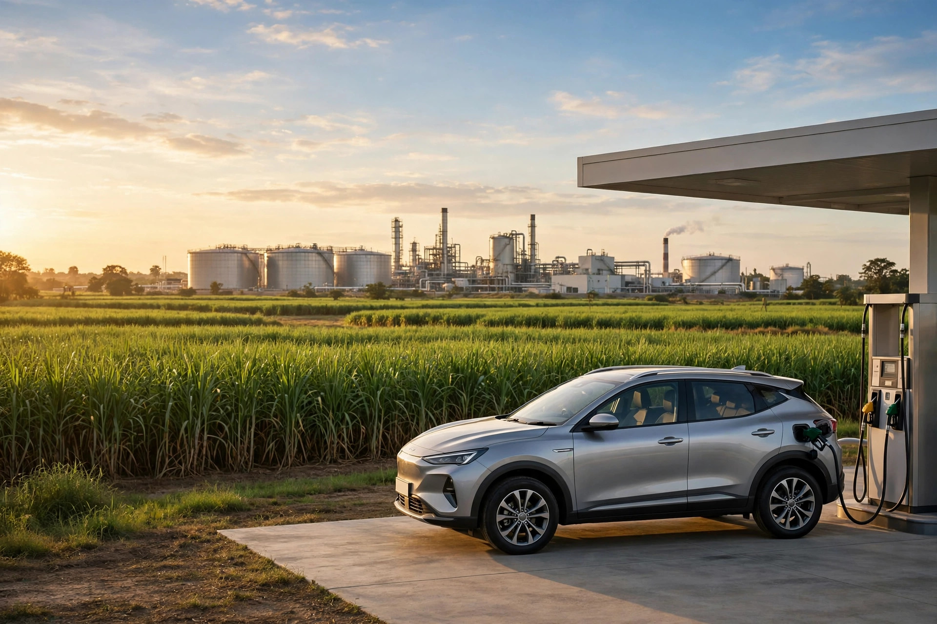 Editorial illustration of a generic car refuelling at a station beside green sugarcane fields, with an ethanol plant in the distance