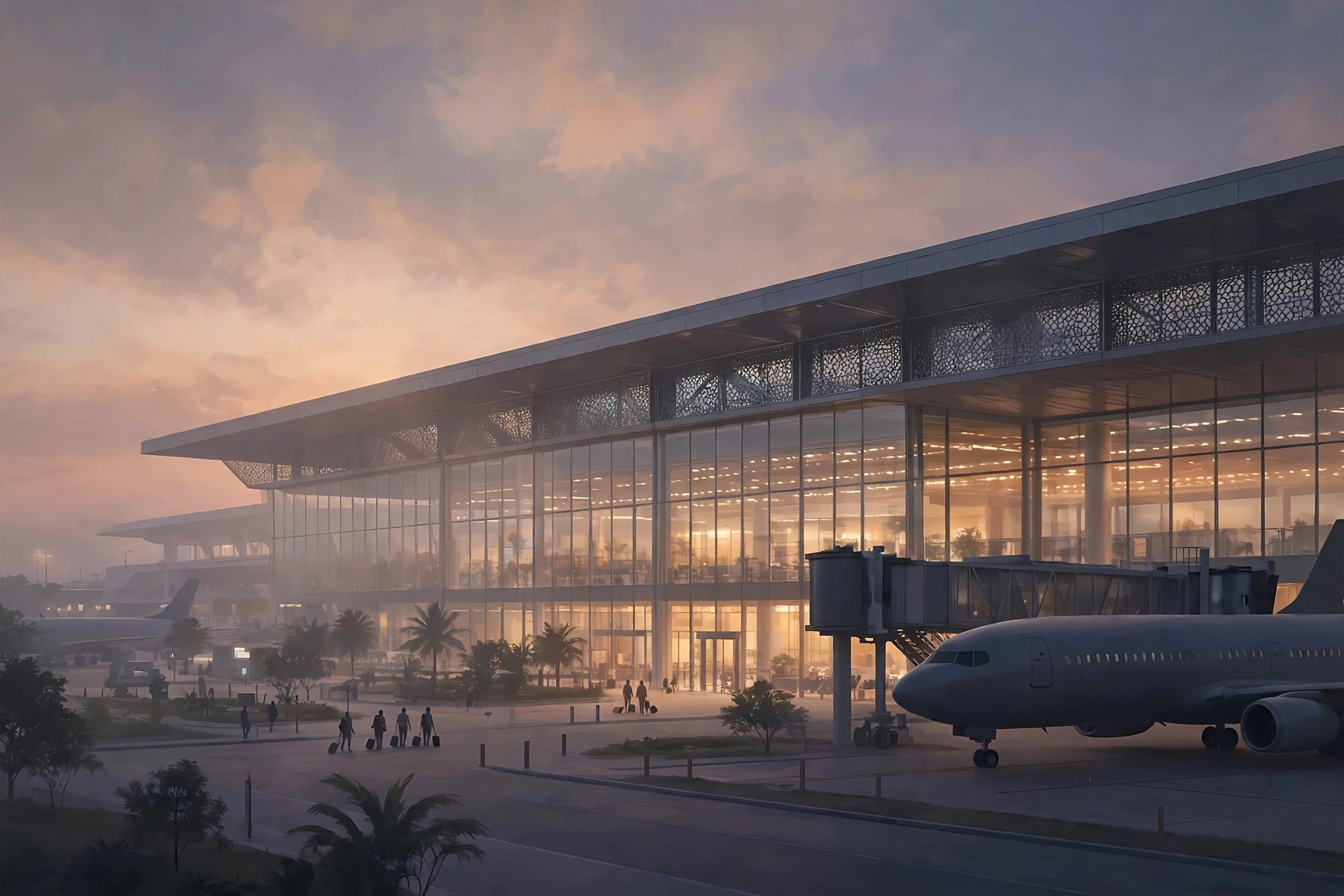 Editorial illustration of a modern airport terminal at dusk with a parked airliner at a gate