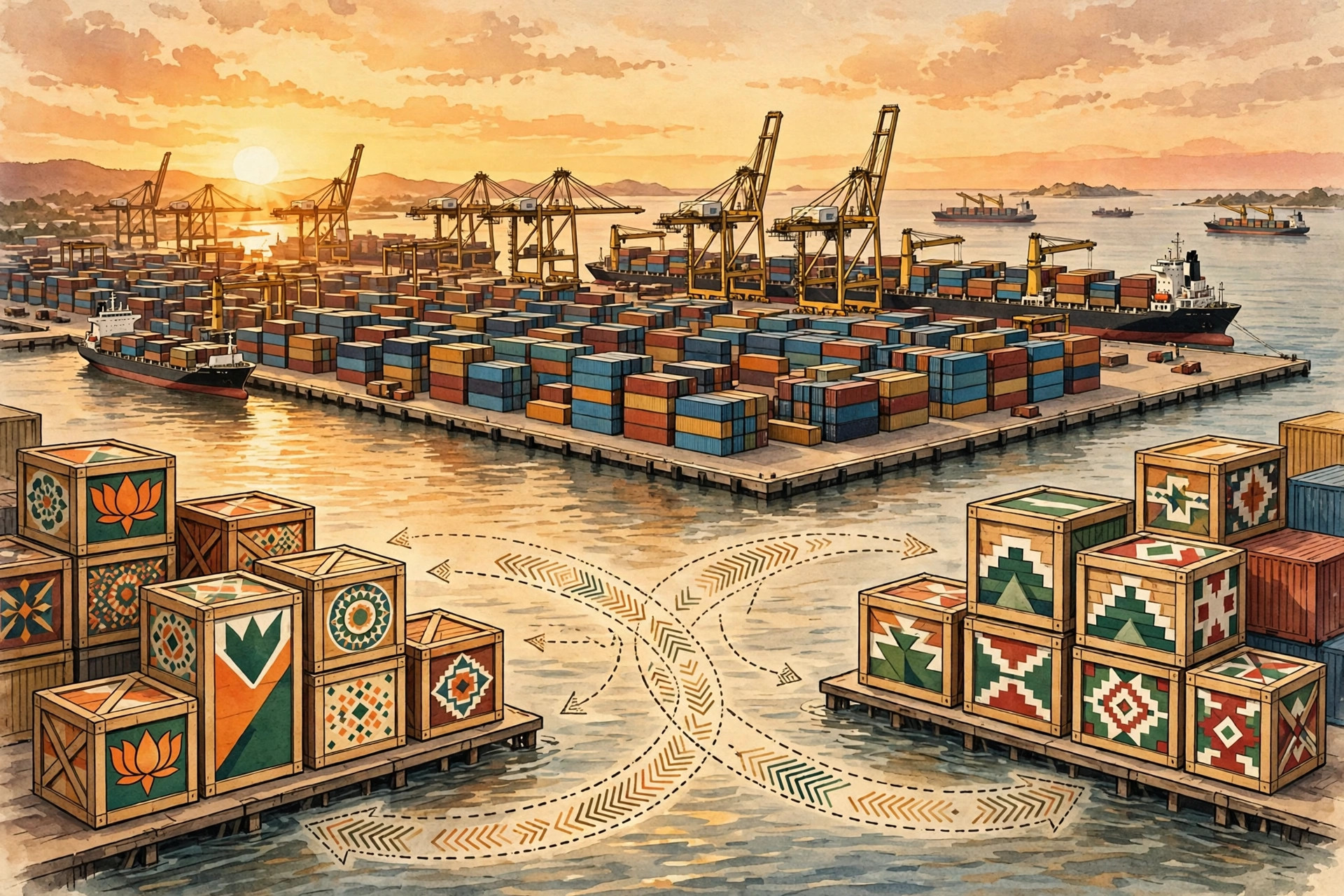 Editorial illustration of a container port with cargo ships and crates symbolising India-Mexico trade
