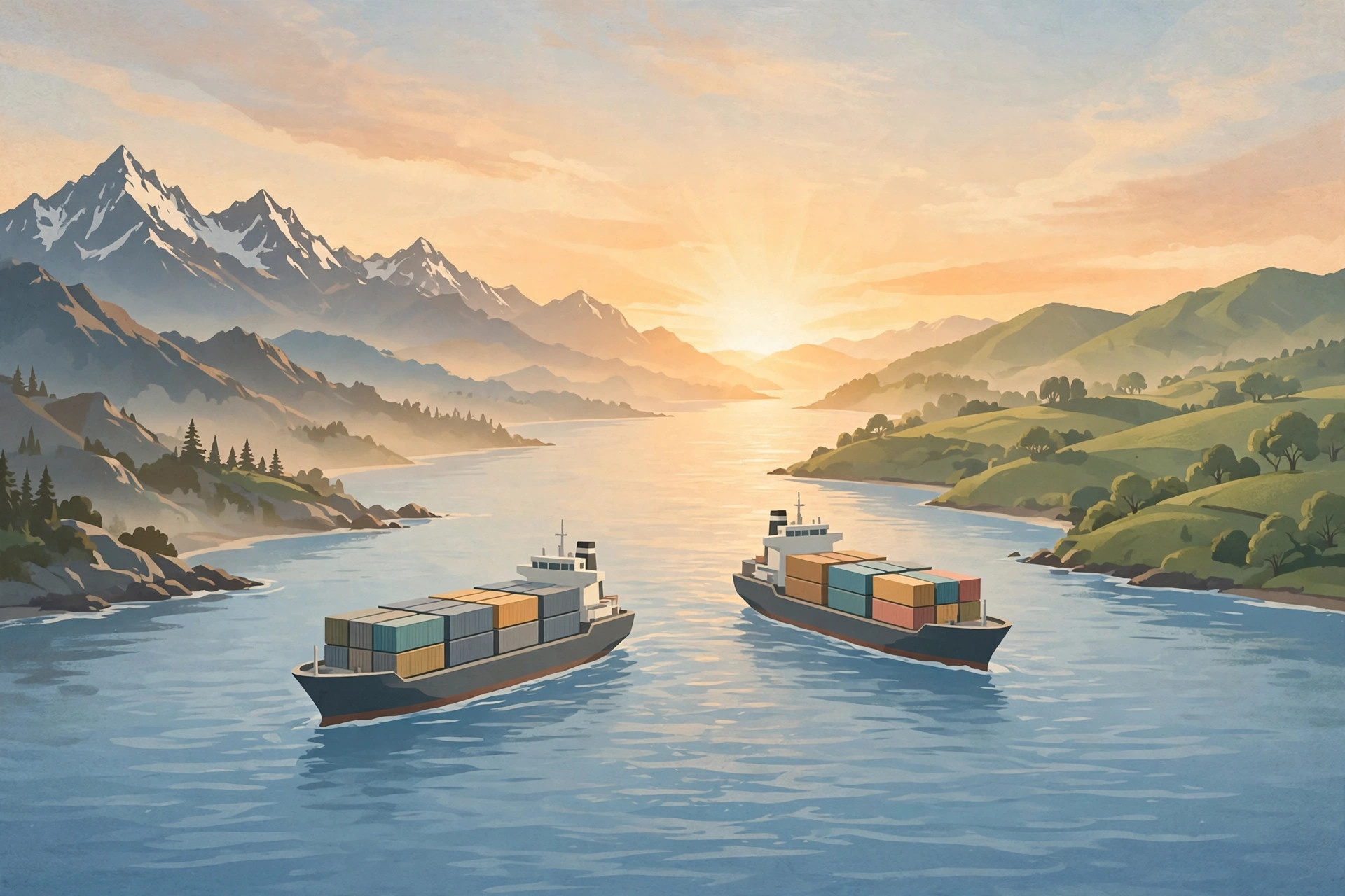 Editorial illustration of two cargo ships sailing between a mountain coastline and green rolling hills at sunrise