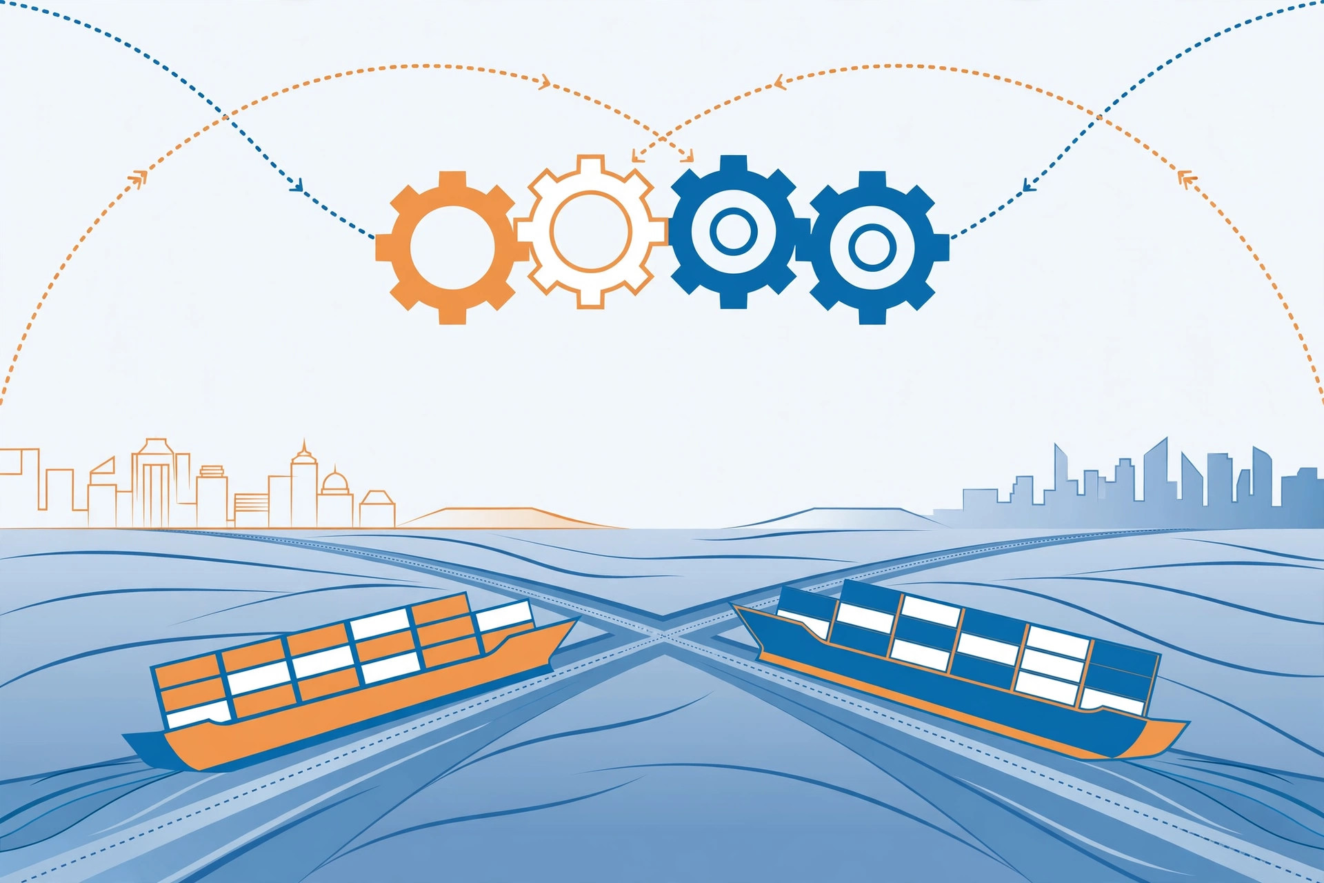 Editorial illustration of two container ships on crossing trade routes between skylines with interlocking gears above