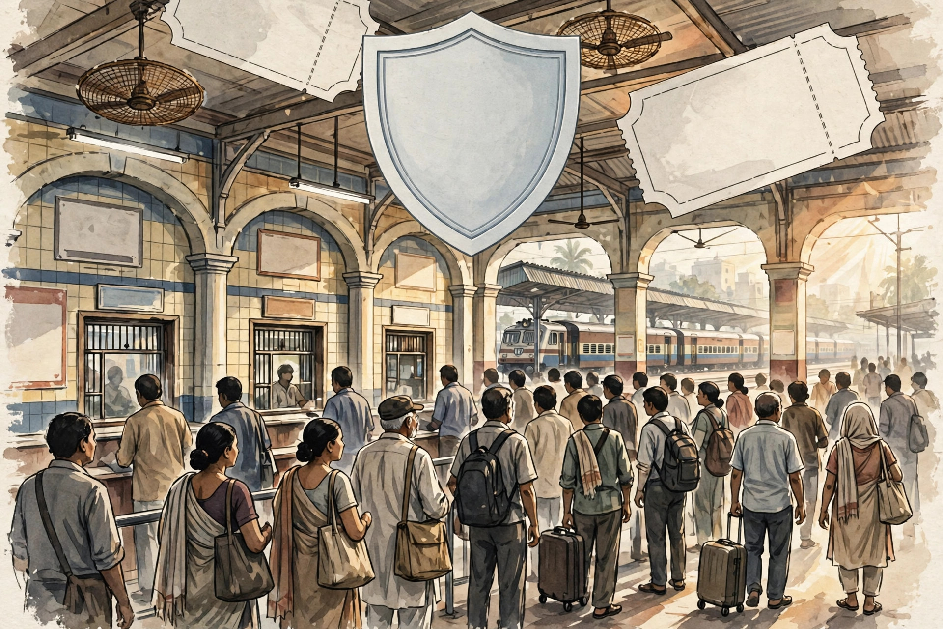 Editorial illustration of travellers queuing at Indian railway station ticket counters with a train on a platform and a large plain shield emblem above