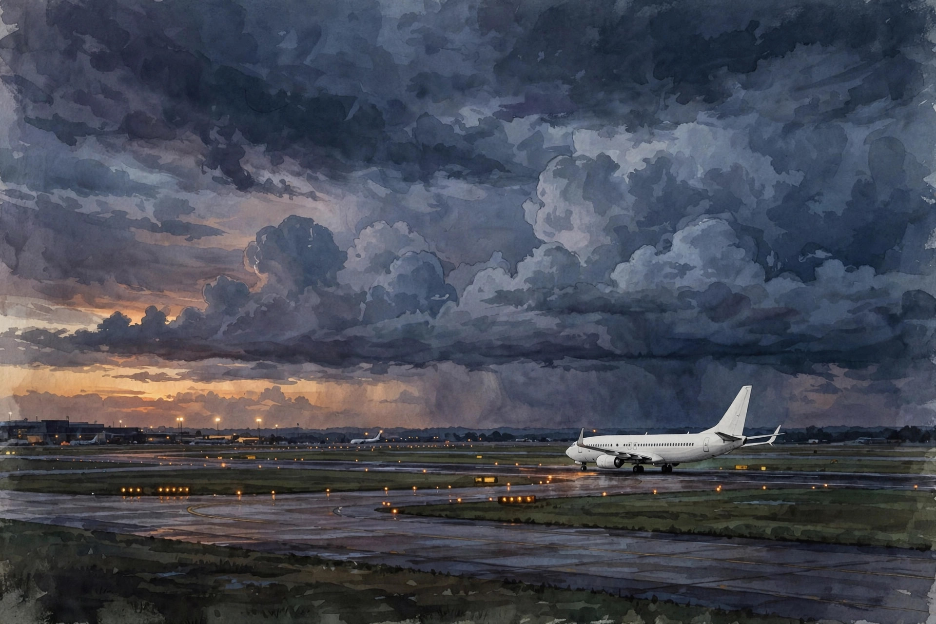 Editorial illustration of a generic passenger aircraft on a runway at dusk under dark clouds