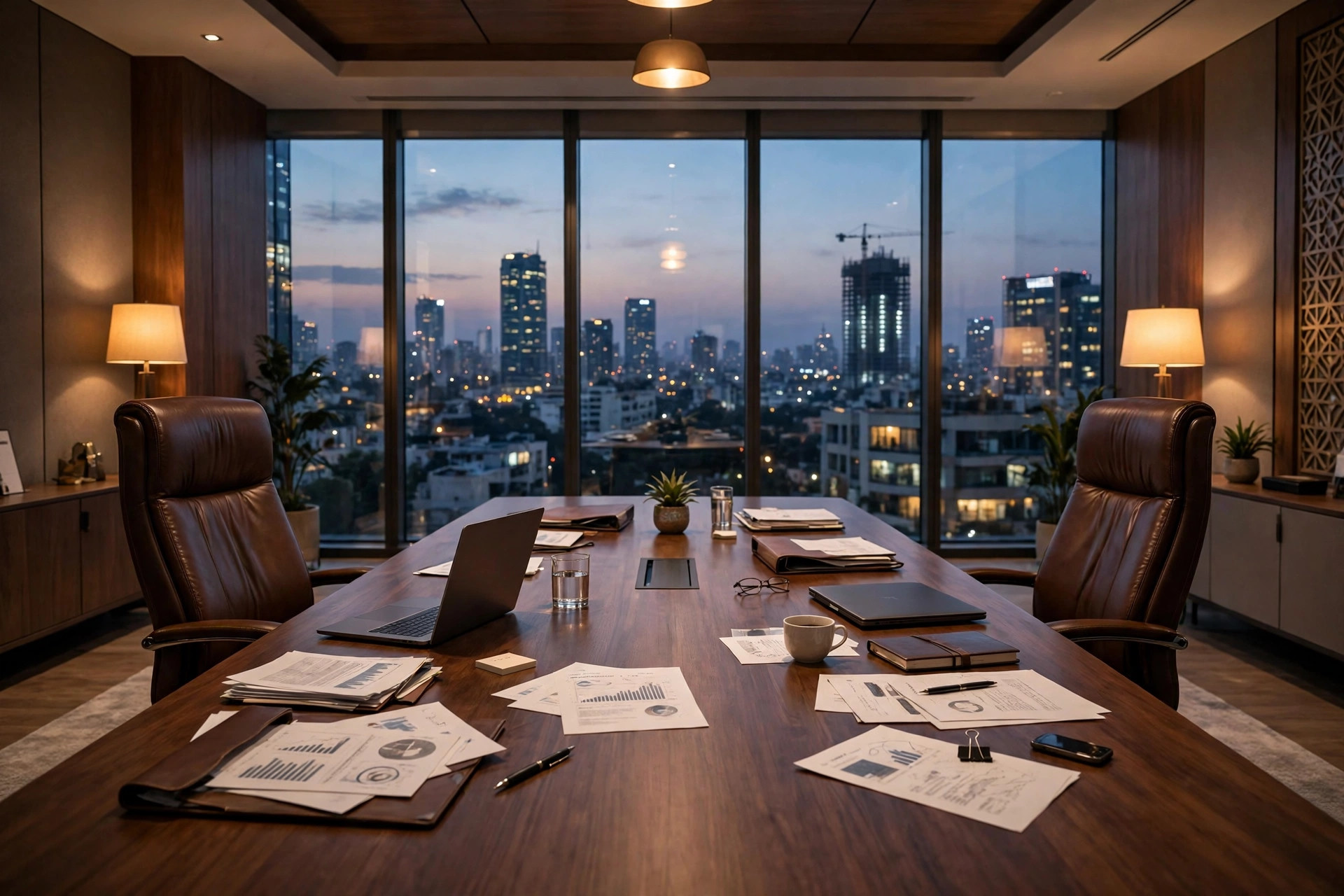 Editorial illustration of an empty boardroom at dusk symbolising a CEO handover