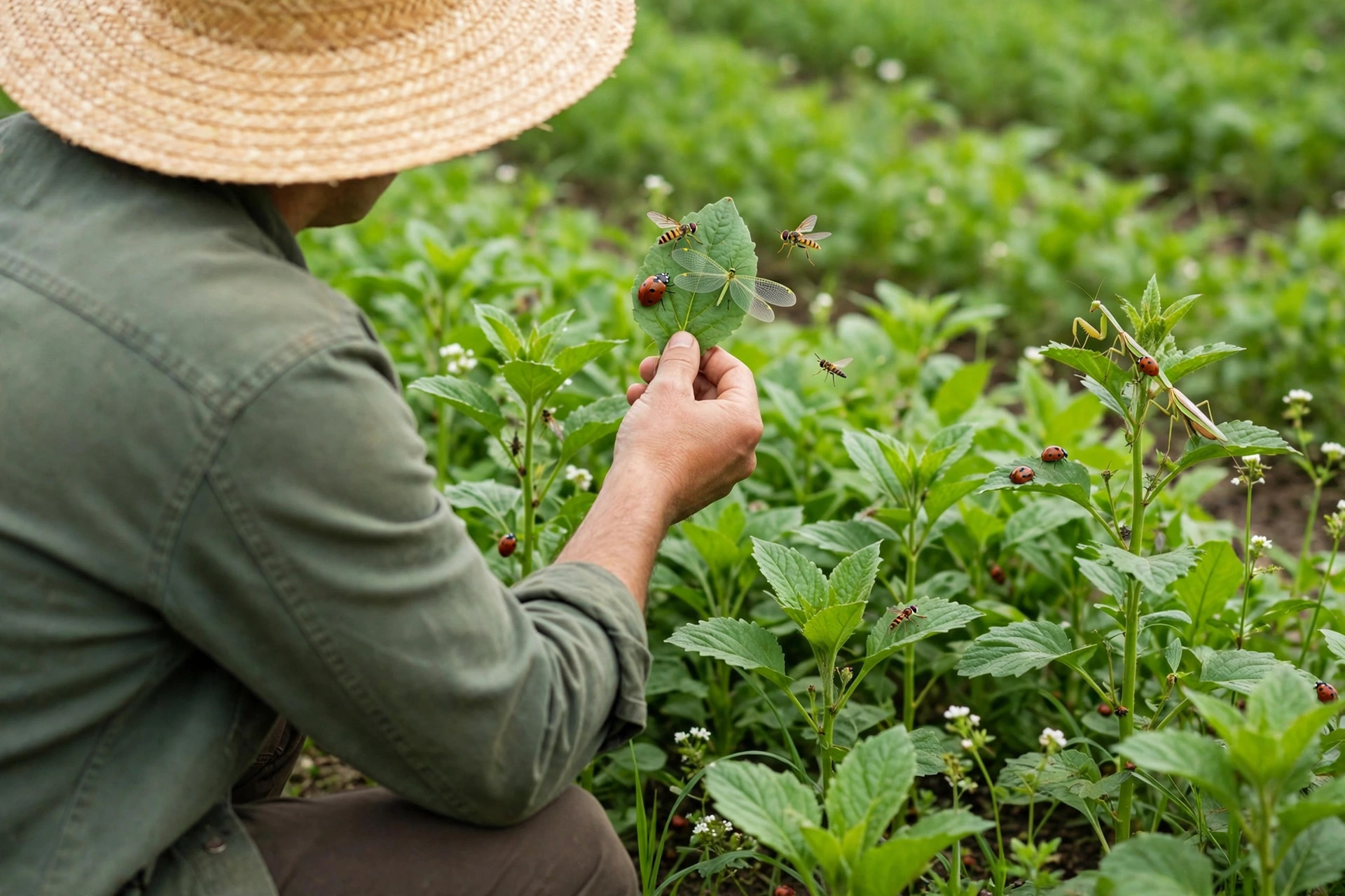 A farmer inspecting green crop leaves for pests in a field, with healthy plants around