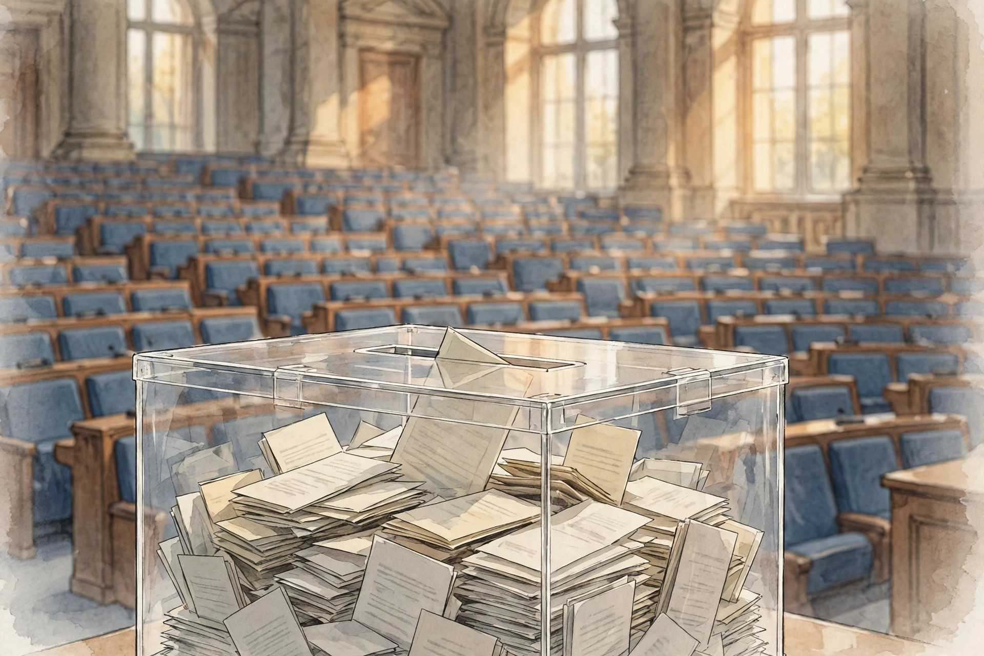 Editorial illustration of a ballot box full of paper ballots in front of rows of empty parliament seats