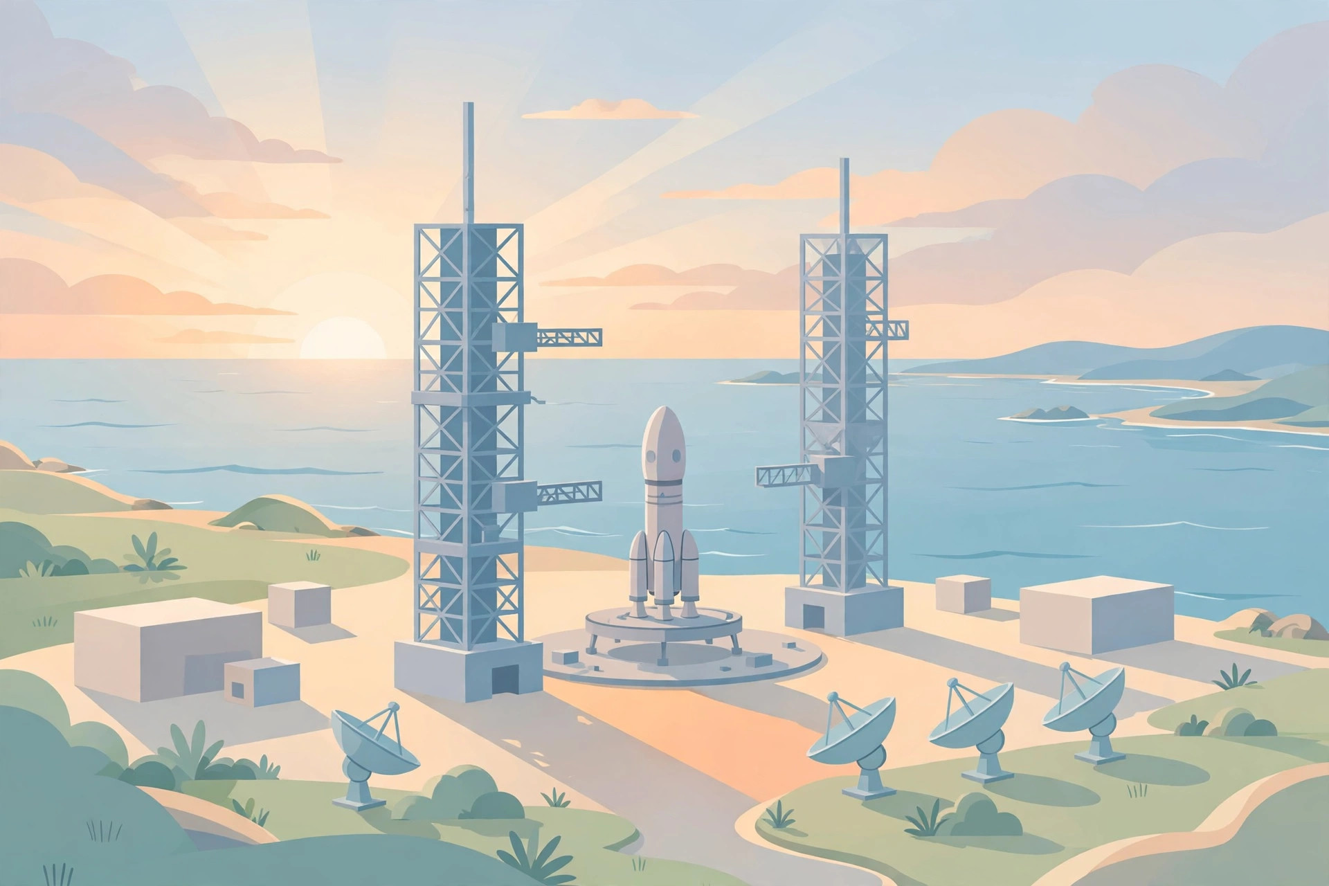 Editorial illustration of a coastal space launch complex with two launch towers, a rocket on a pad and satellite tracking dishes by the sea