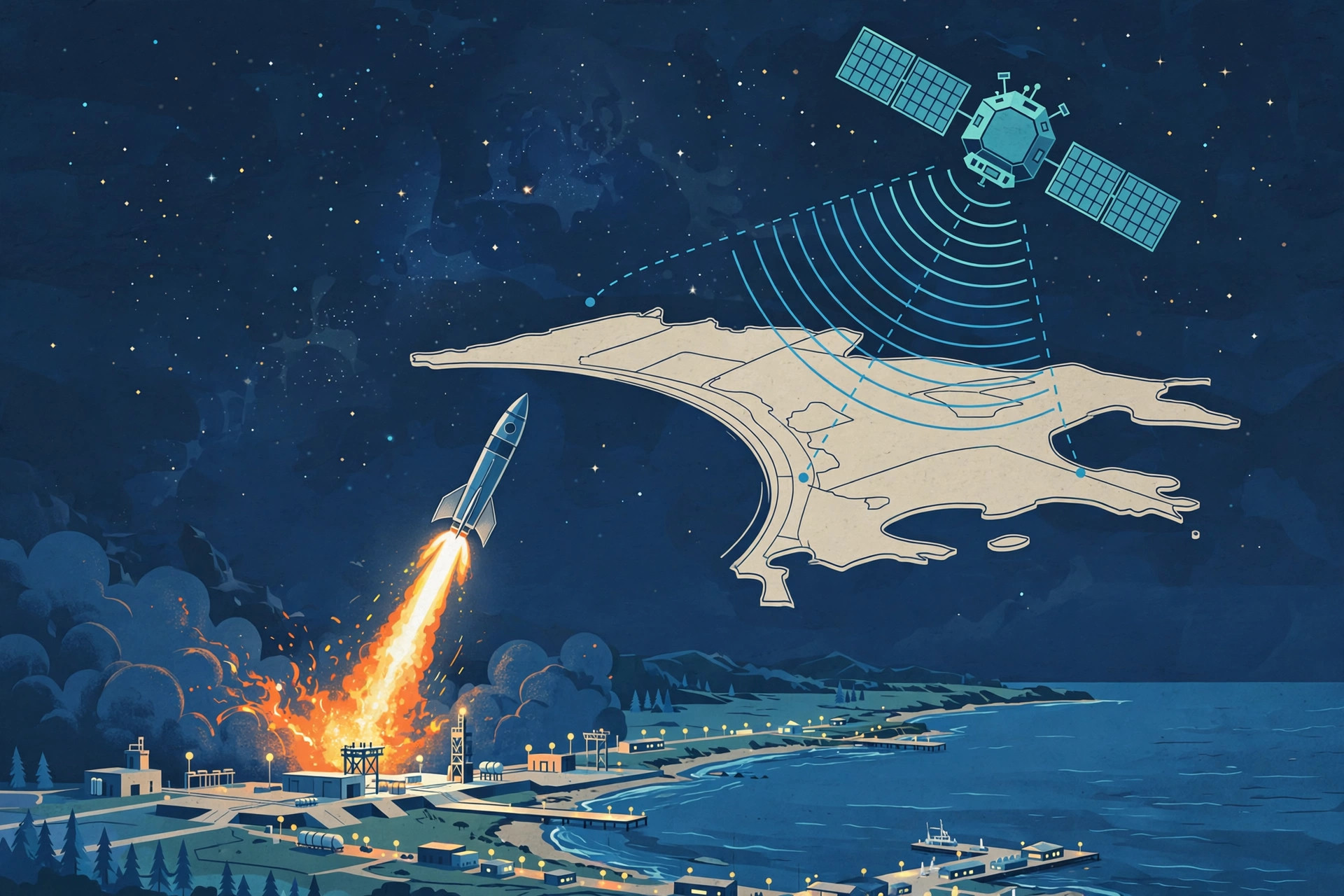 Editorial illustration of a rocket launching at night from a coastal spaceport while a navigation satellite beams signals over a map