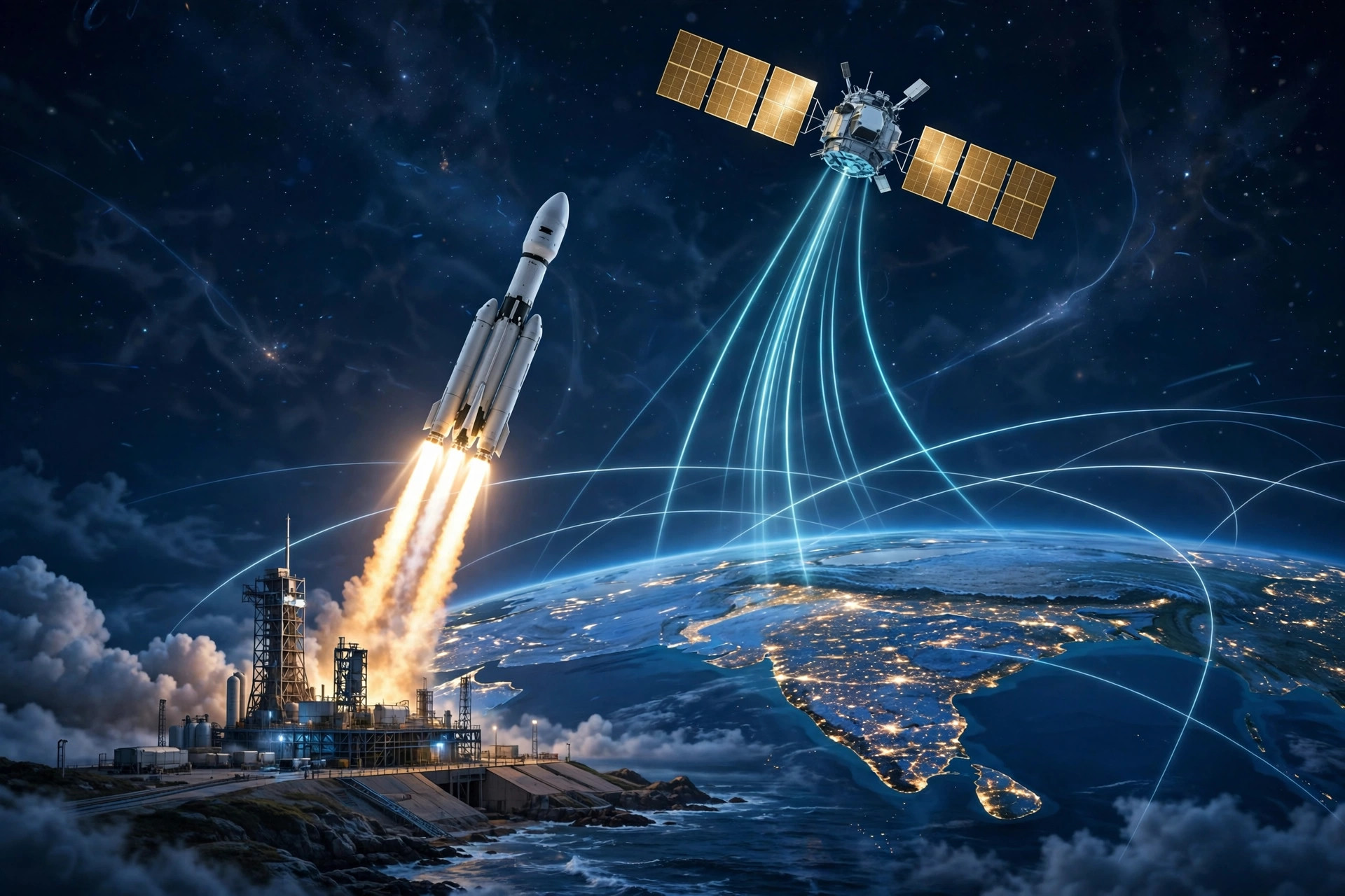 Editorial illustration of a rocket launching at night and a navigation satellite with golden solar panels sending signal beams toward India