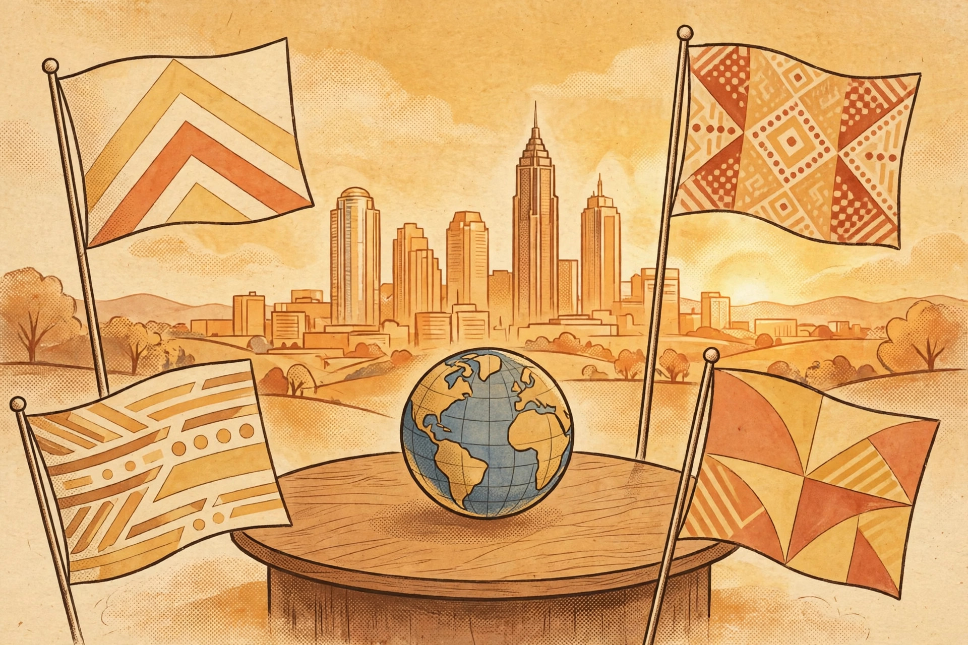 Editorial illustration of abstract flags around a round table with a globe and a city skyline