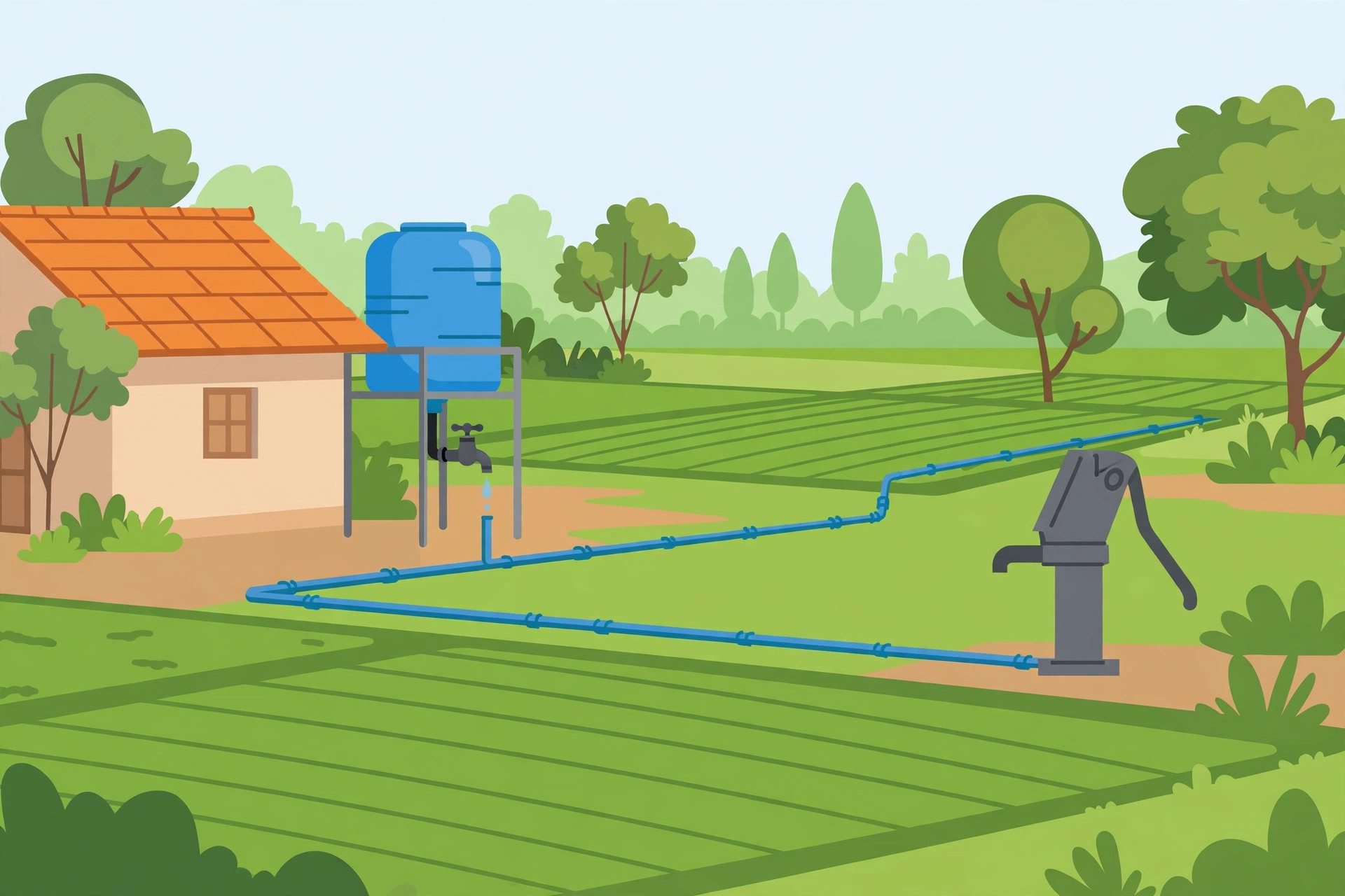Illustration of a village home with a tap, water tank and pipeline in green fields