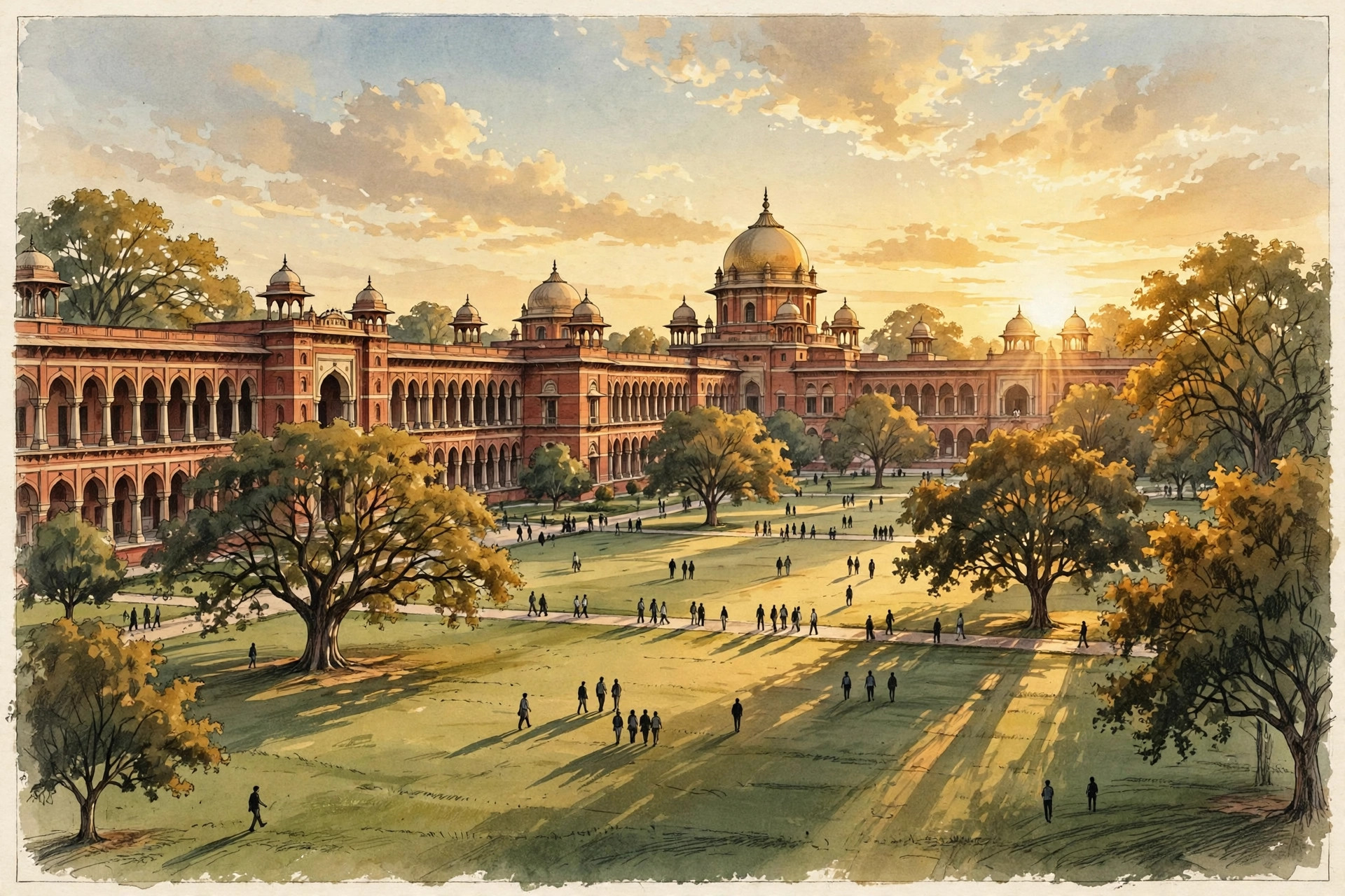 Editorial illustration of a historic university campus with red-brick buildings and a lawn at sunset