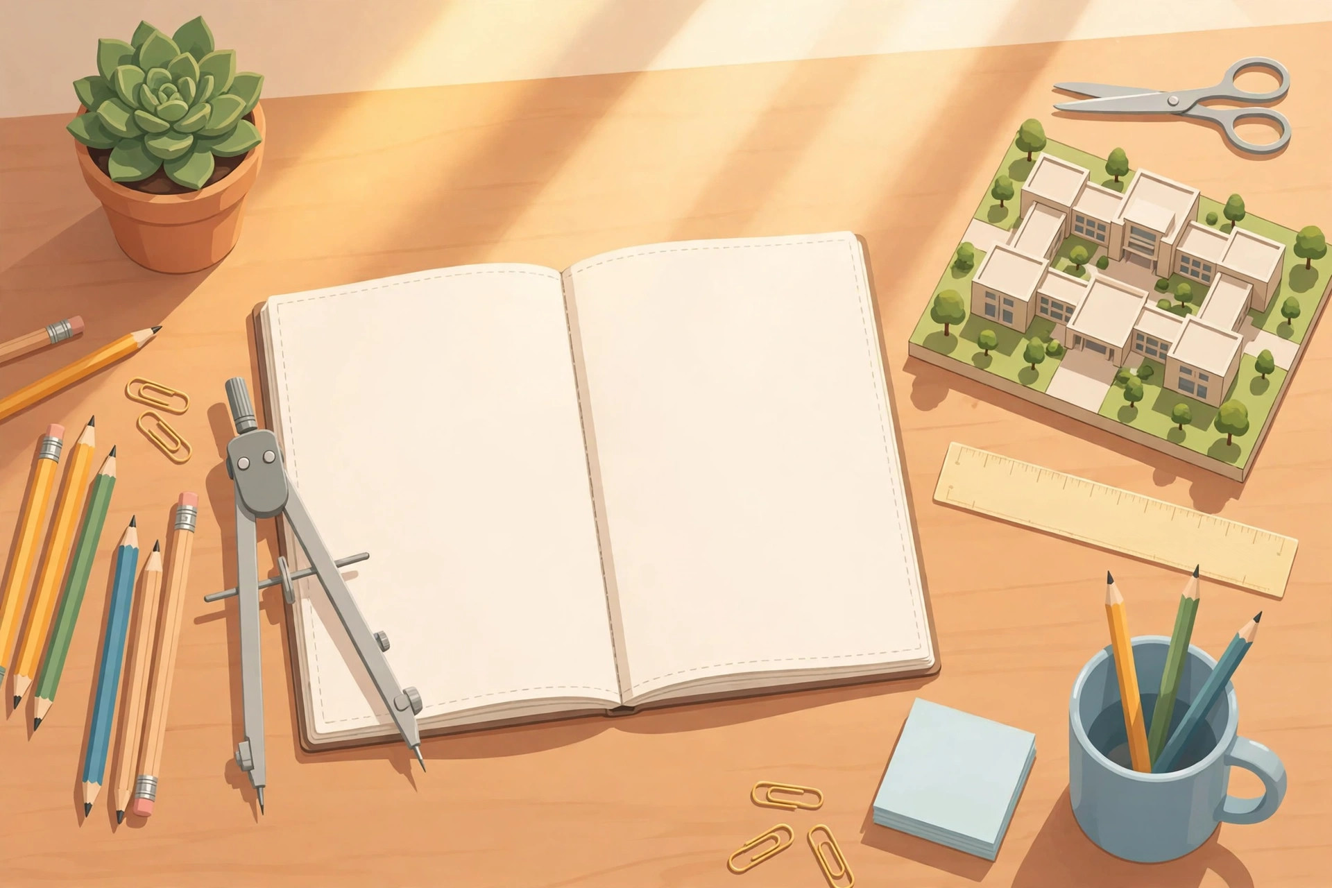 Editorial illustration of a study desk with an open blank notebook, geometry compass, pencils and a small campus building model