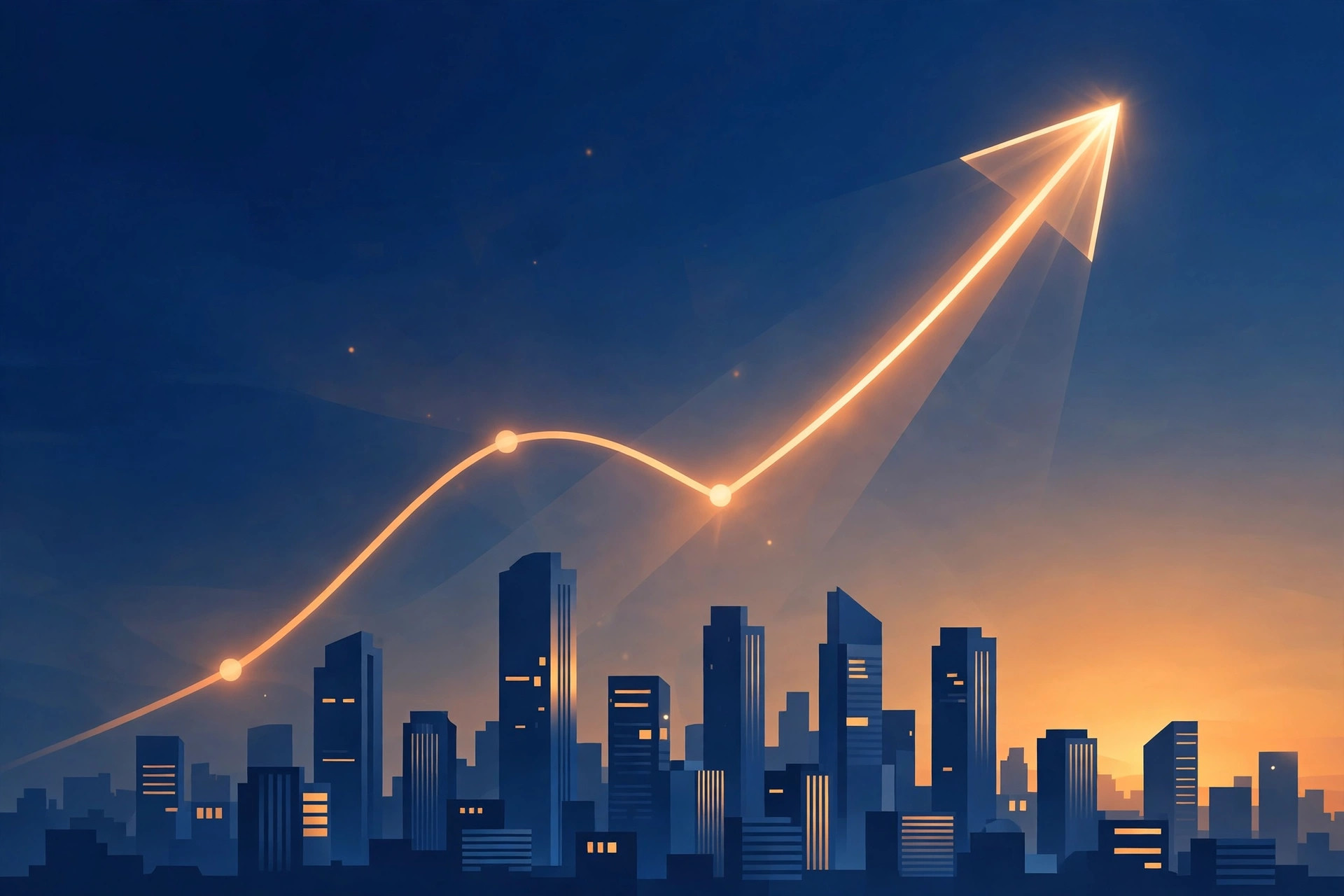 Editorial illustration of a rising stock market chart over a city skyline