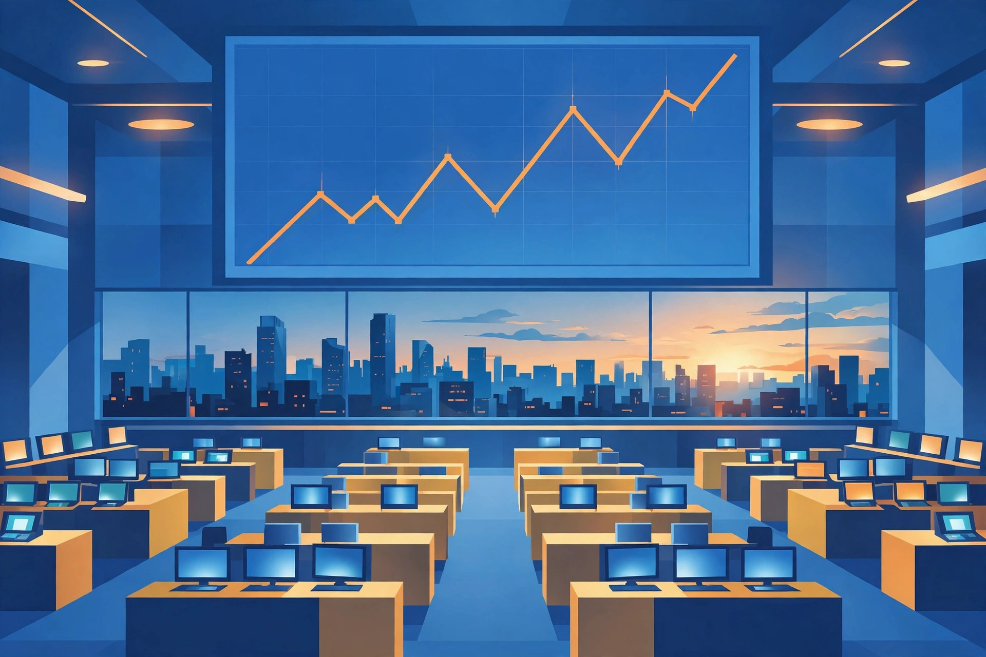 Editorial illustration of a stock market trading hall with a rising chart over a city skyline