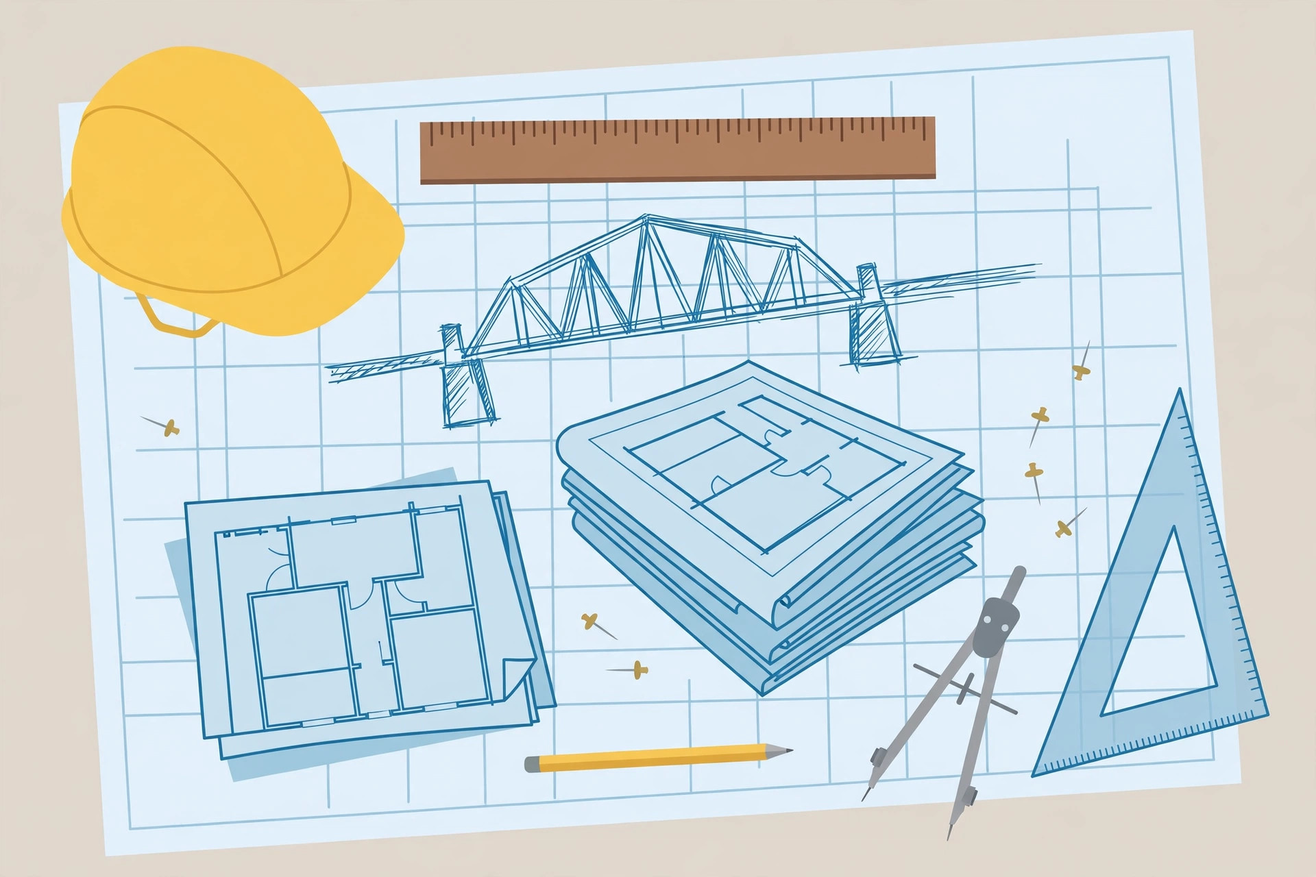 Illustration of engineering tools, a hard hat and bridge plans on a drawing table