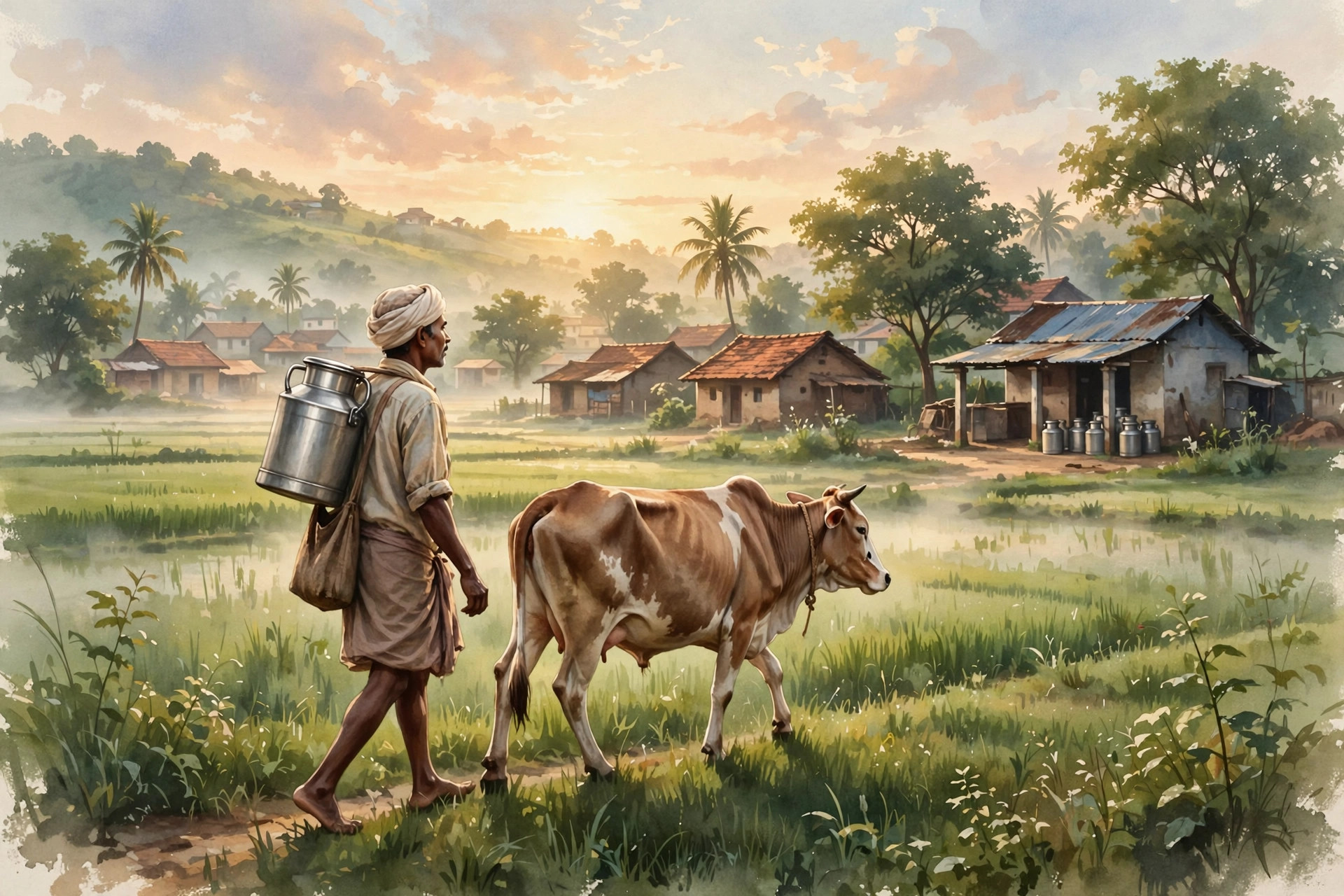 Editorial illustration of a dairy farmer with a steel milk can and a cow in a rural field at dawn