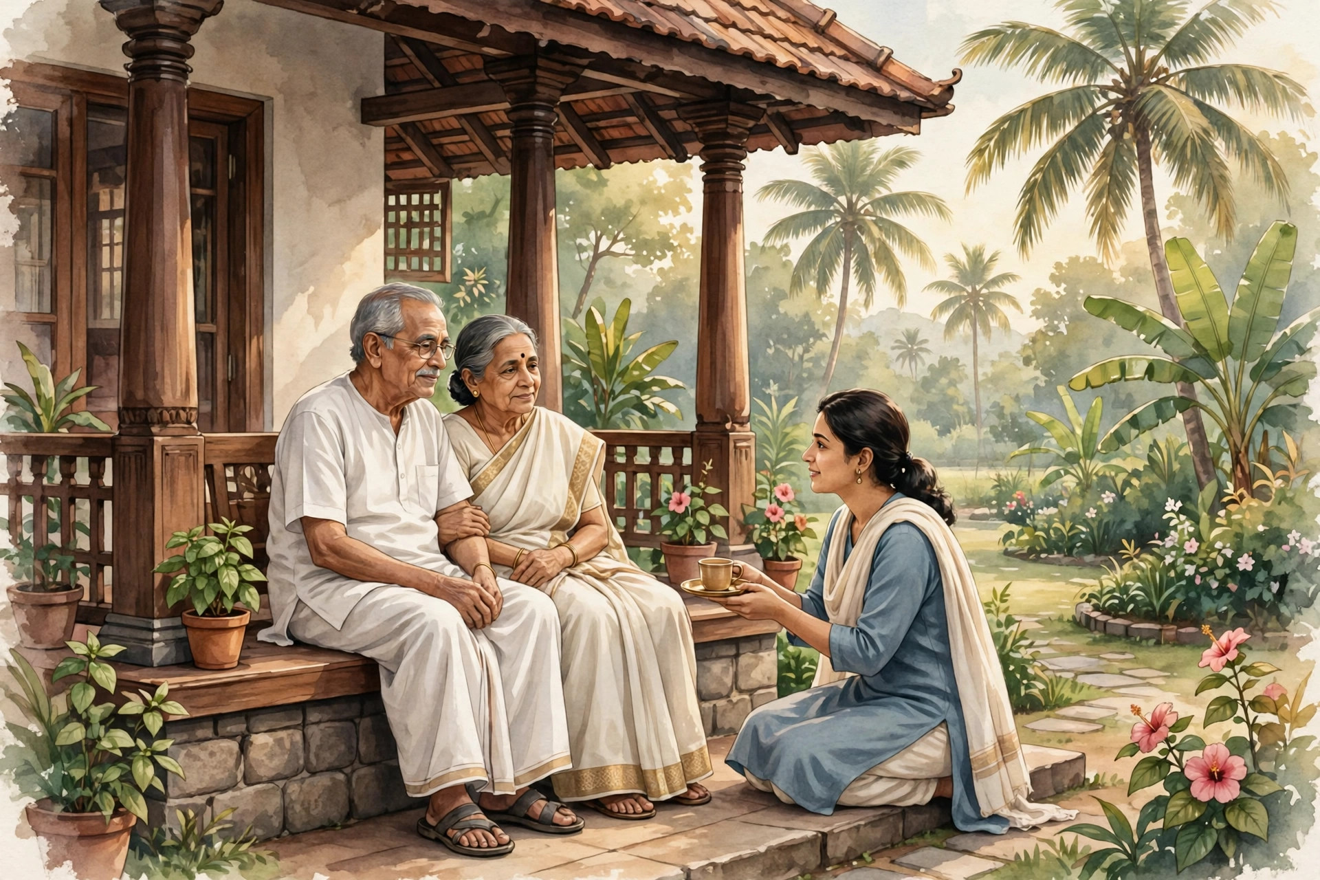 Illustration of an elderly couple on the veranda of a traditional Kerala home, with a younger family member offering support