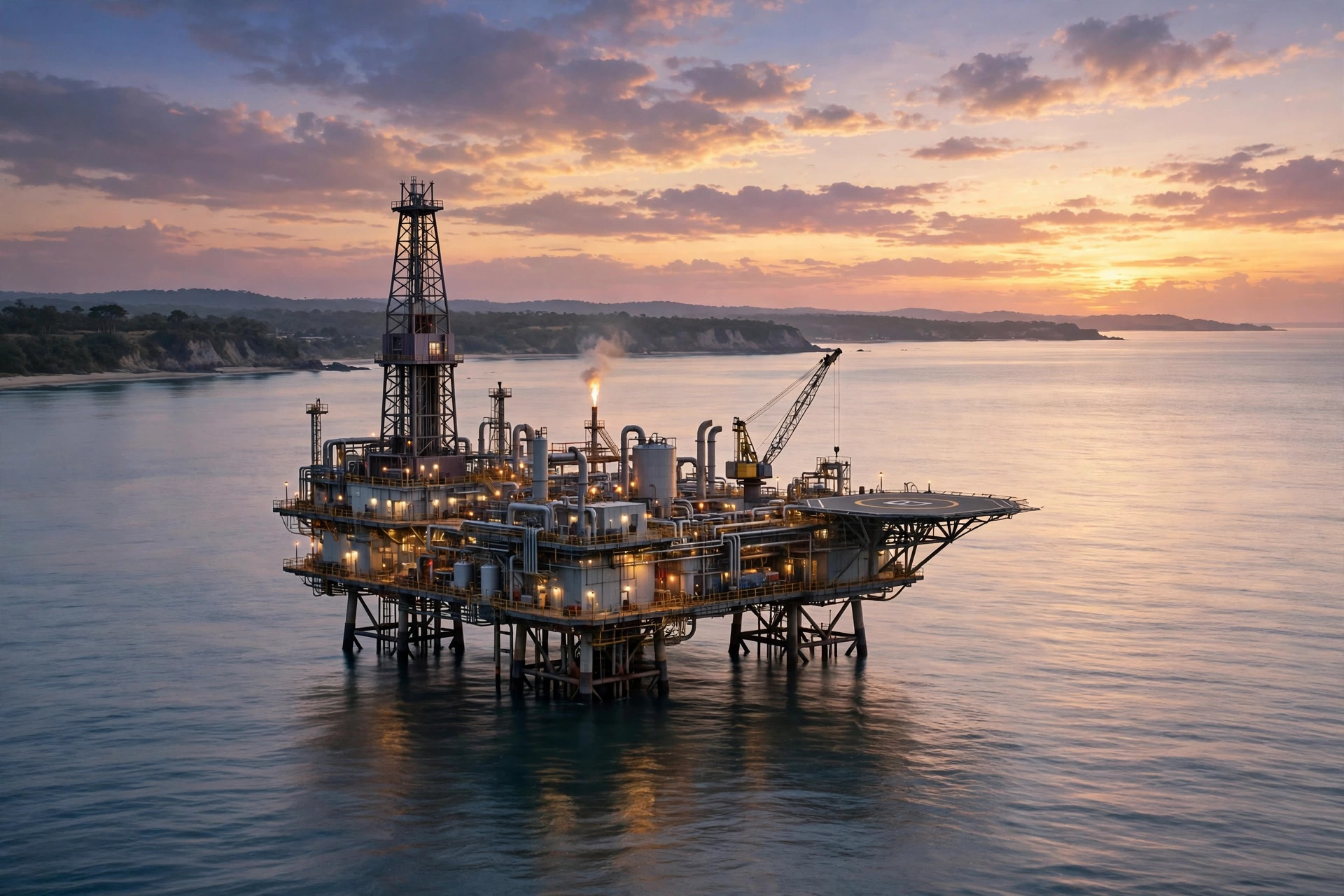 Editorial illustration of an offshore natural gas platform in the Bay of Bengal at dusk, with calm sea and a distant coastline