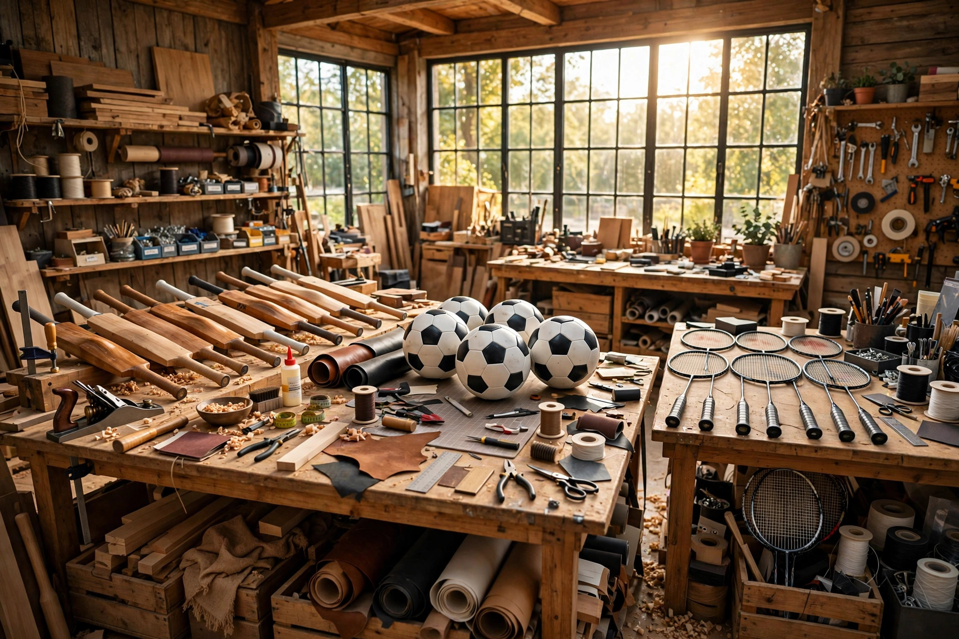 Editorial illustration of a sports goods workshop with cricket bats, footballs and badminton rackets on workbenches