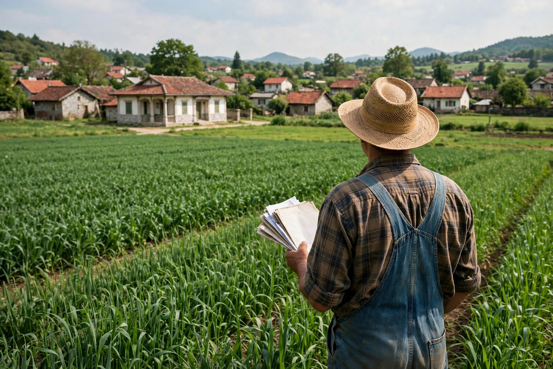 A farmer standing in a green crop field holding farm documents, with a rural bank building in the distance