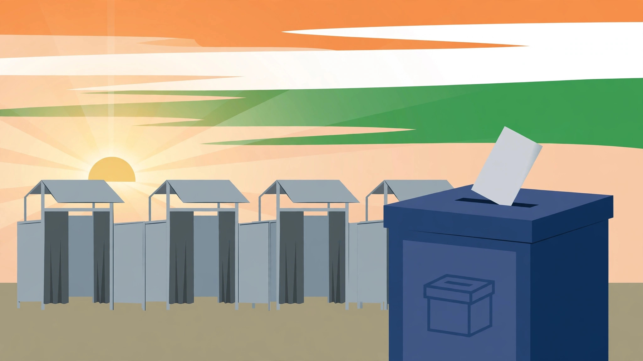 Illustration of voting booths and a ballot box under sunrise colours