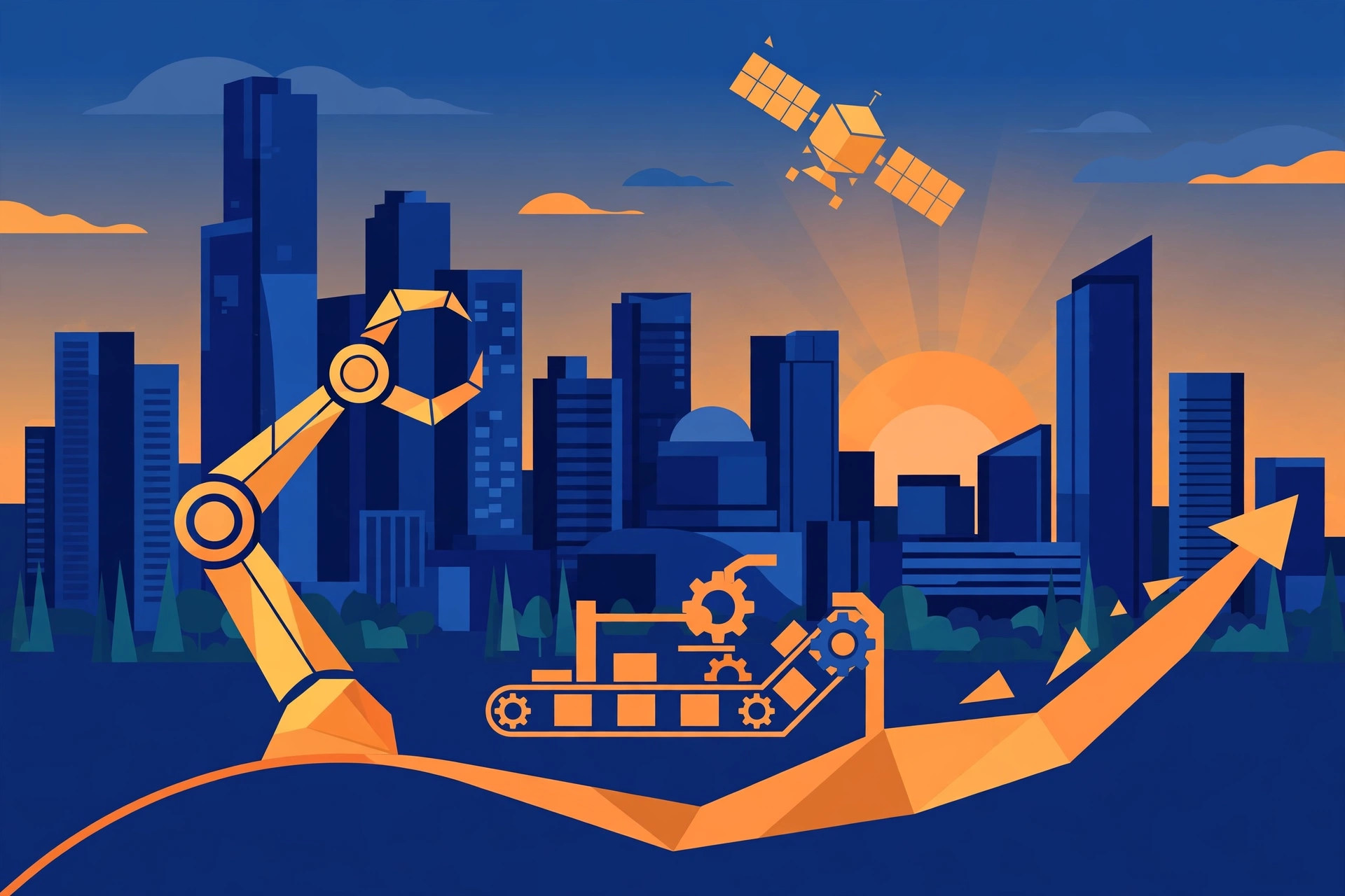 Editorial illustration of a Bengaluru skyline with abstract robotics, satellite and automation shapes