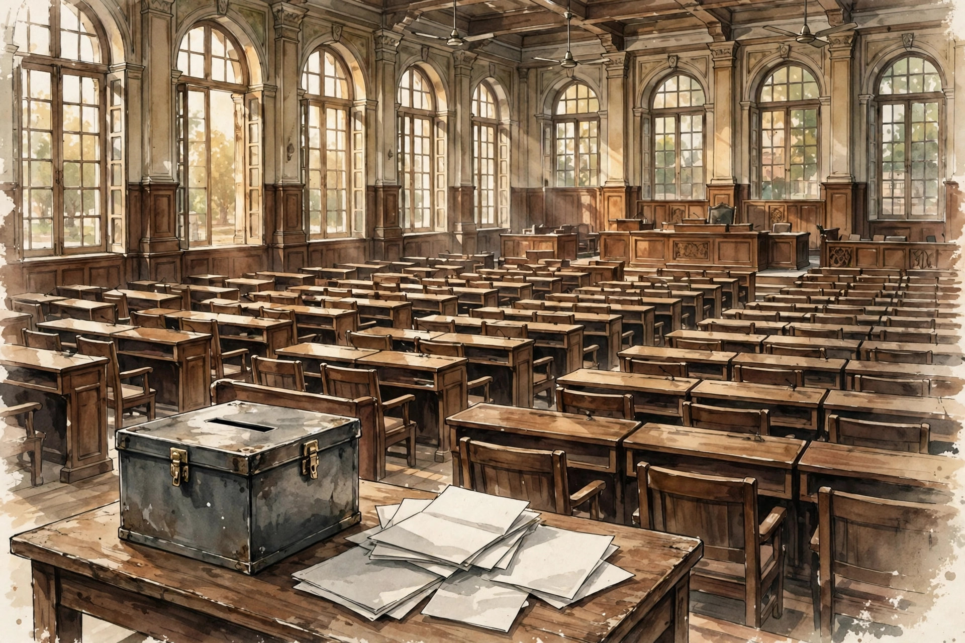 Editorial illustration of a legislative council chamber with a ballot box and ballot papers
