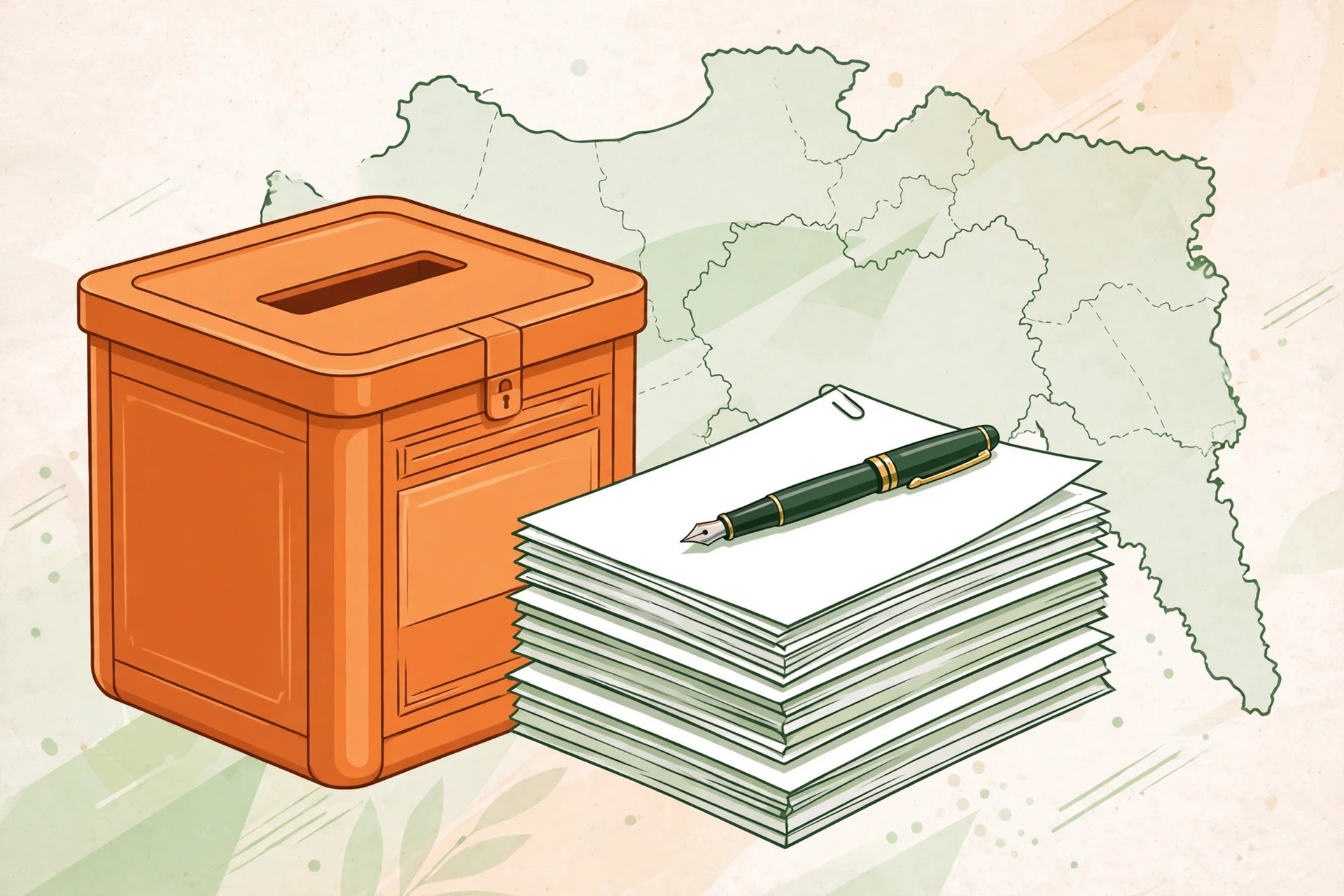 Editorial illustration of an orange ballot box beside a stack of voter roll documents with a fountain pen, against a stylised map outline of Maharashtra