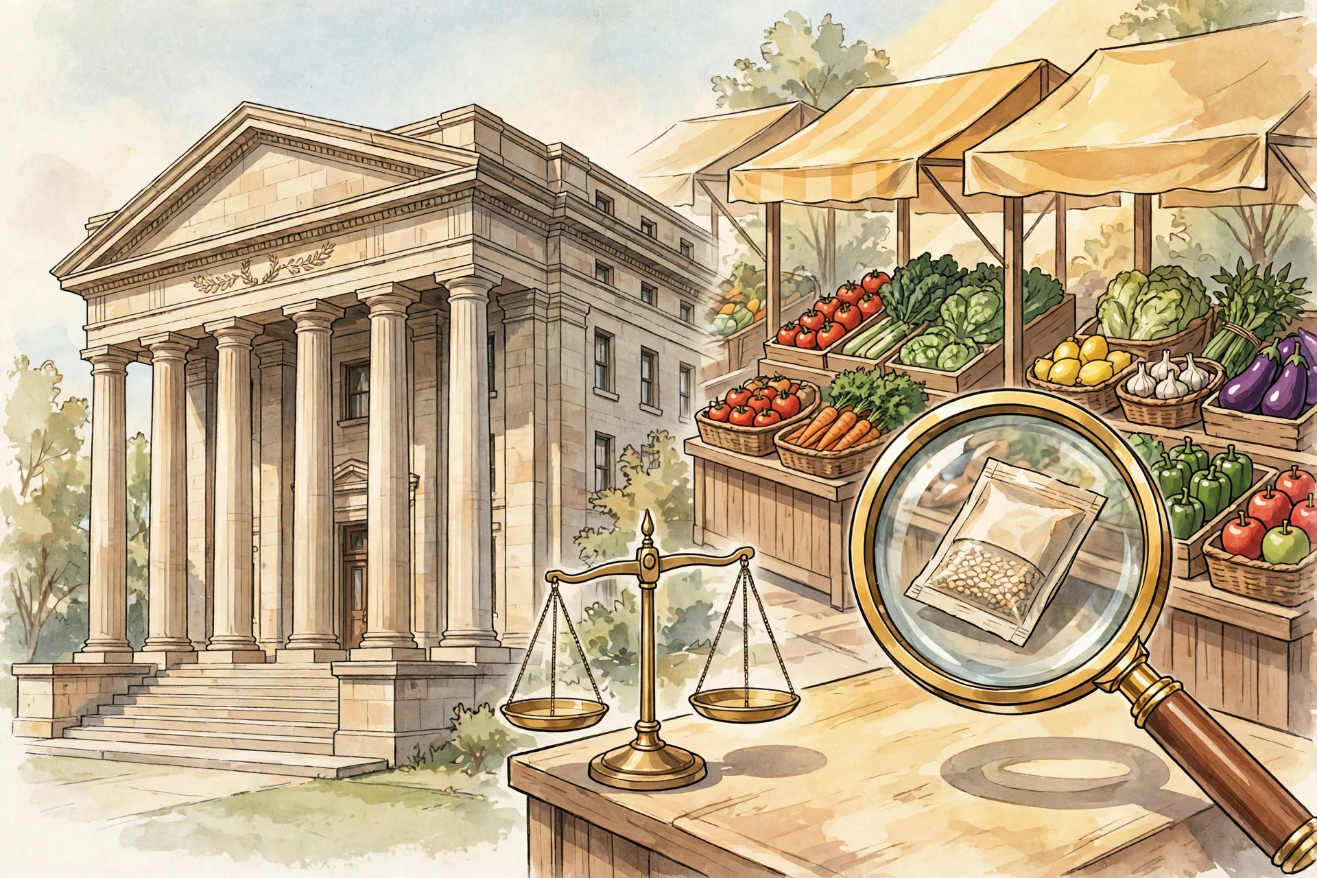 Editorial illustration of a courthouse with columns beside fresh produce market stalls, a magnifying glass over a food packet and balanced scales