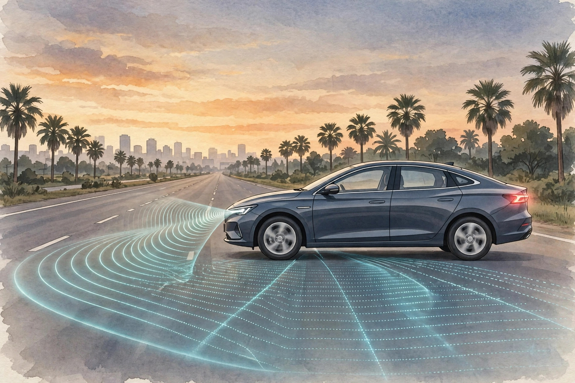 Editorial illustration of a car on a highway at dusk with sensor waves ahead of it