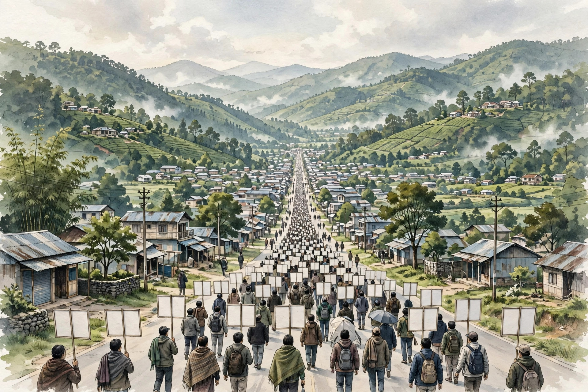 Editorial illustration of a large peaceful march with blank placards on a road through a green valley town