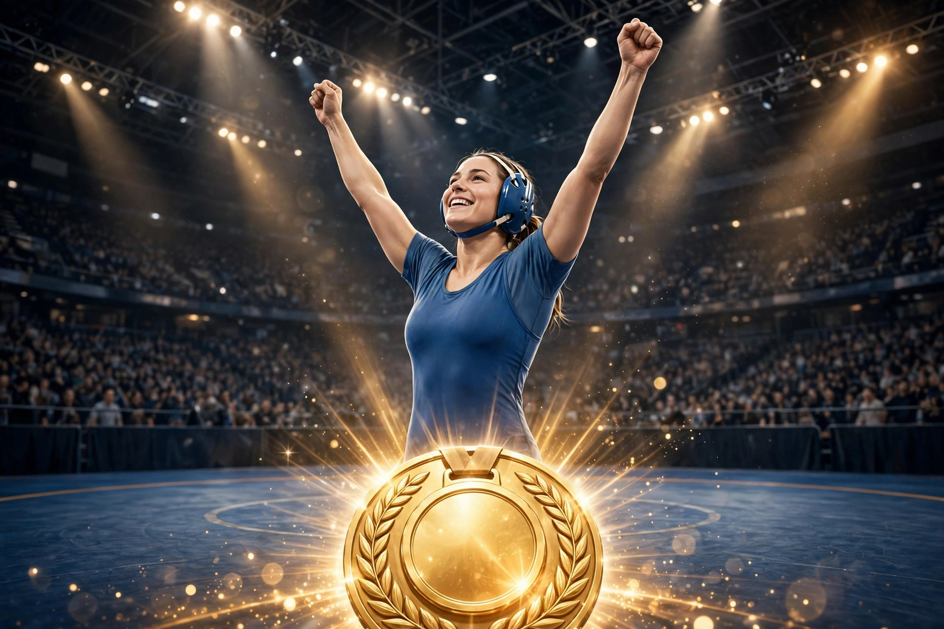 Editorial illustration of a generic female wrestler celebrating victory on a wrestling mat with a gold medal motif, symbolising Manisha Bhanwala's historic world title