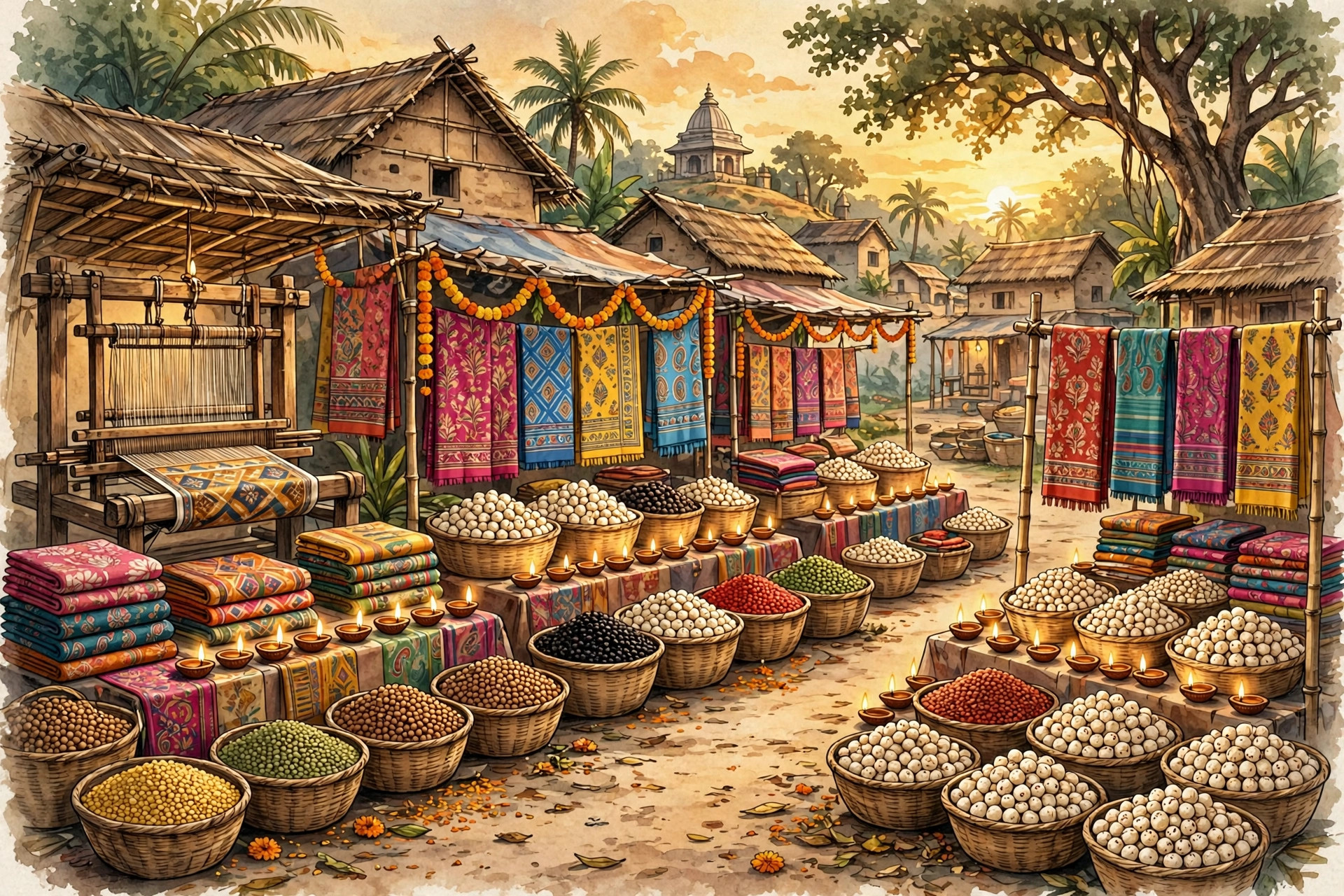 Editorial illustration of a festive Indian village market with handloom stalls, clay lamps and baskets of fox nuts and pulses in warm evening light