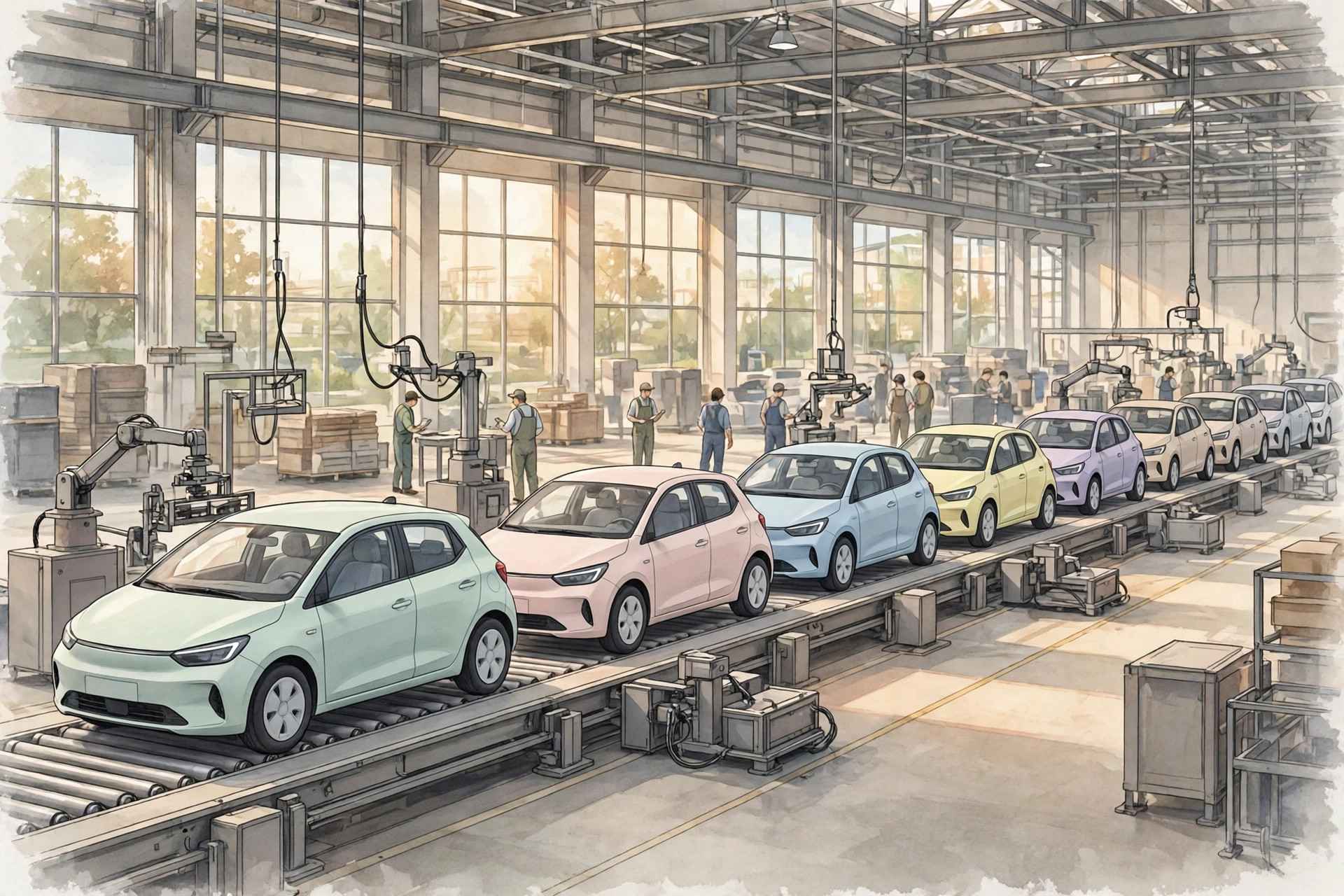 Illustration of new hatchback cars on a car factory assembly line