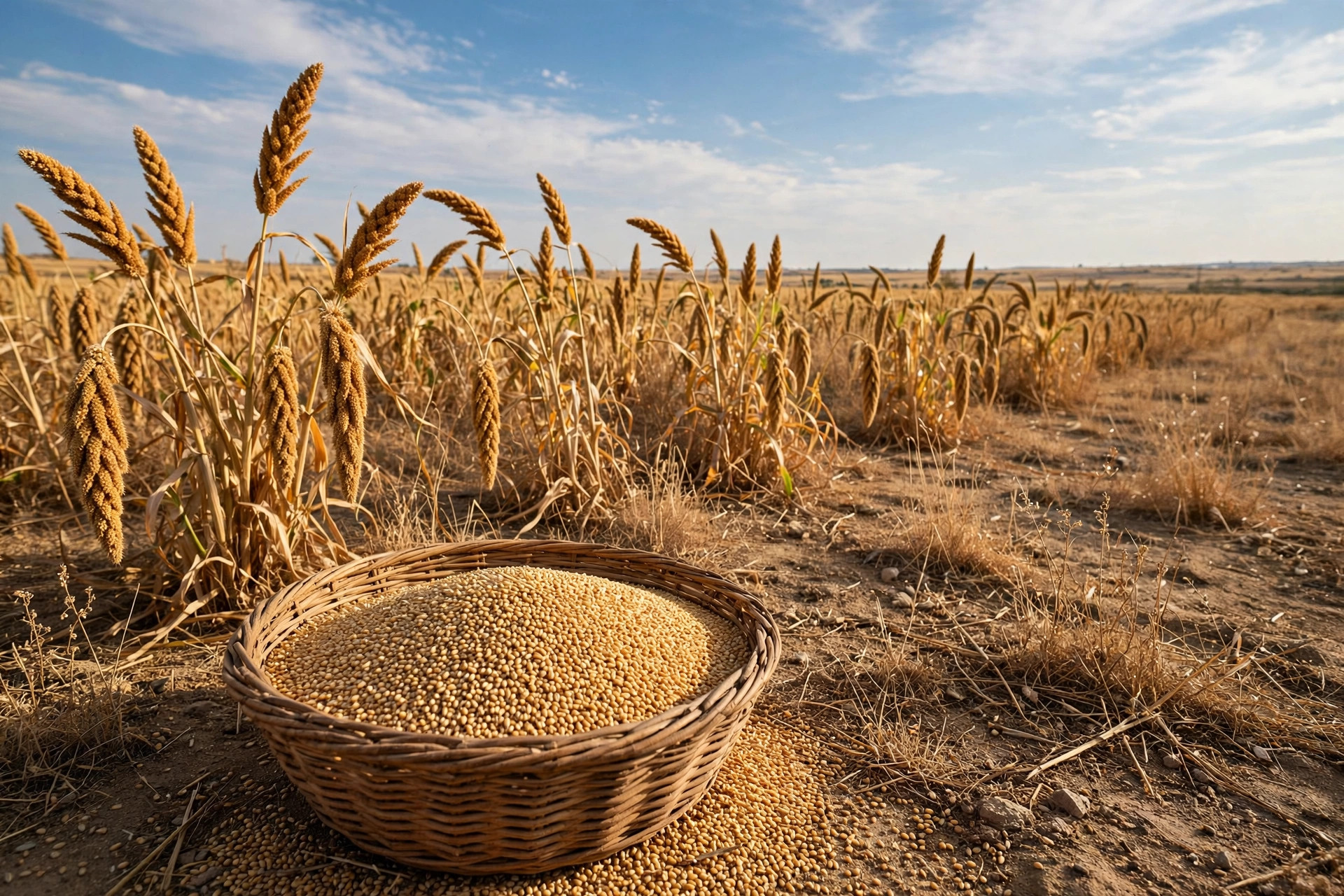 Golden millet crop heads in a dry field under a wide sky, with harvested millet grain in a basket
