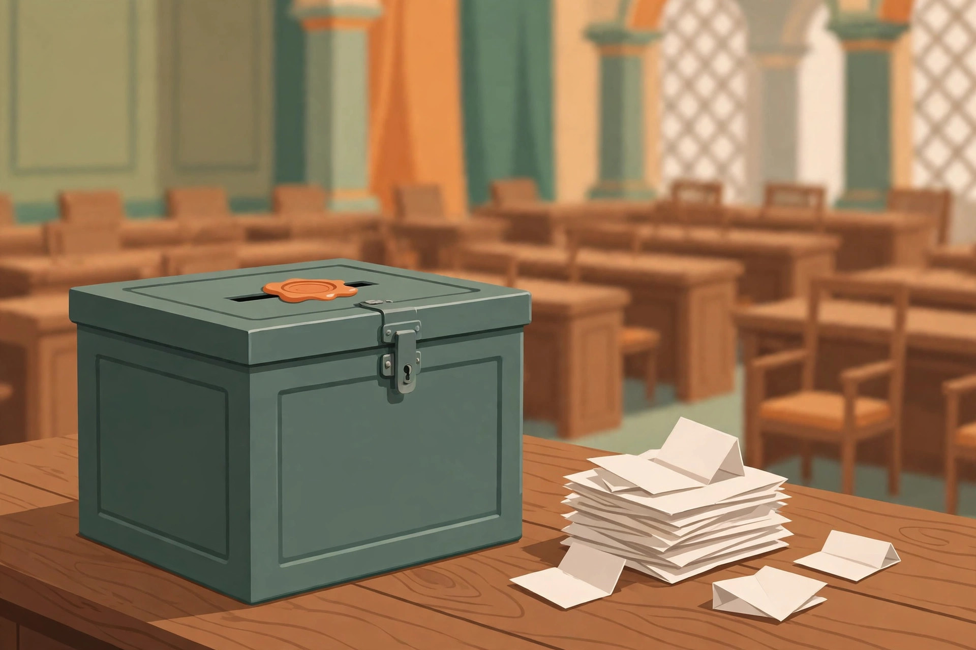 Illustration of a sealed ballot box and paper ballot slips on a table in a legislative council chamber