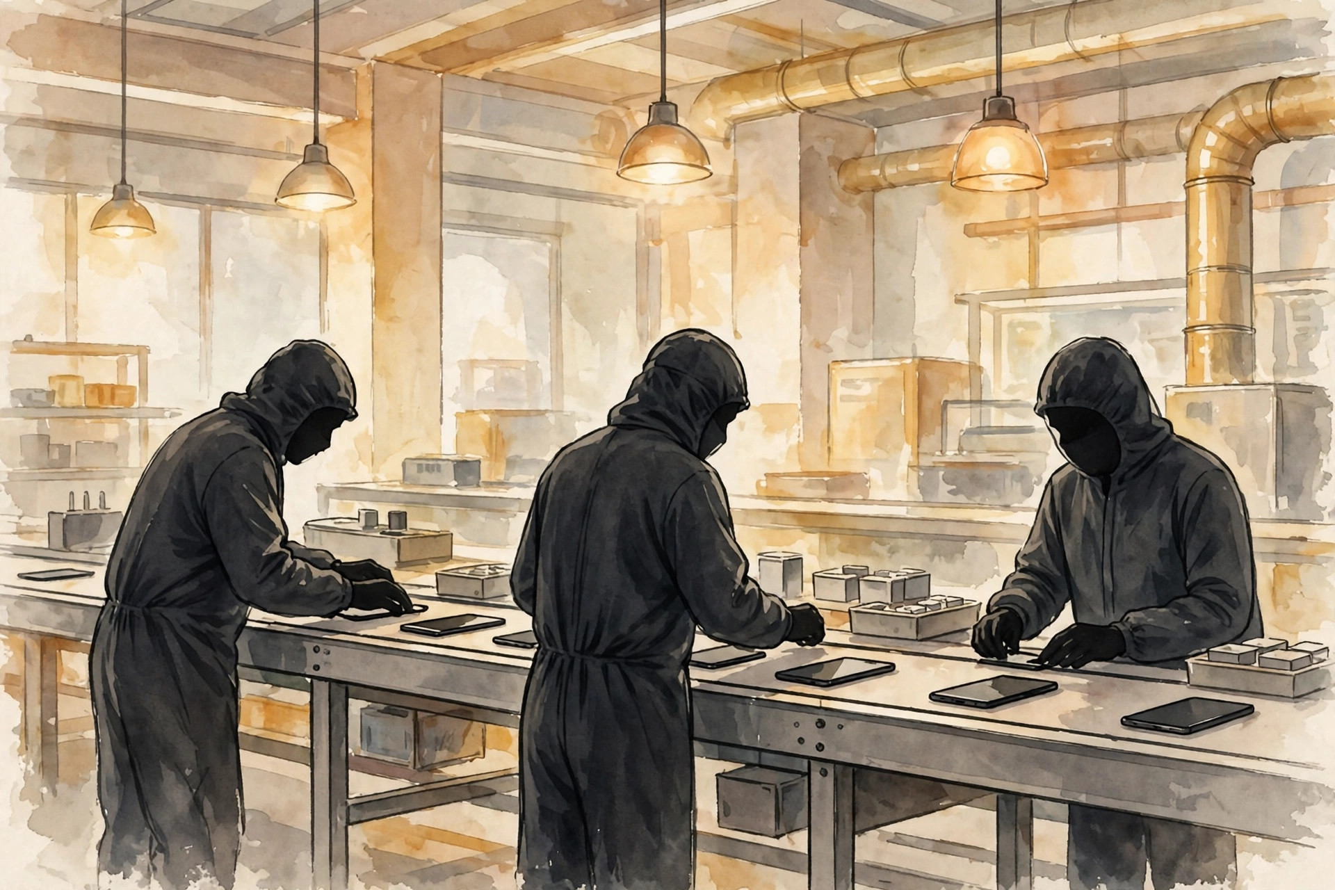 Editorial illustration of workers assembling smartphones on a factory production line