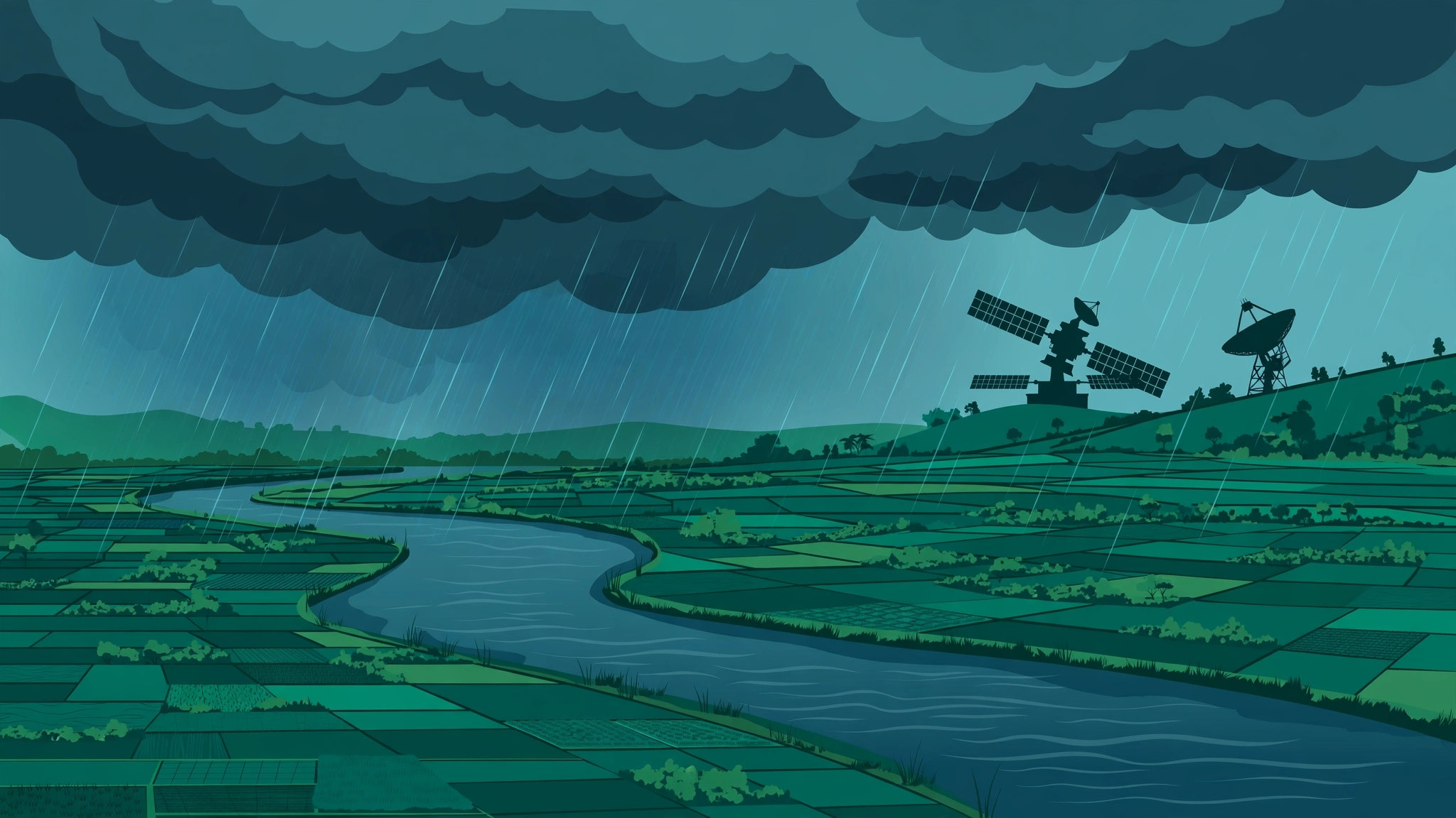 Illustration of monsoon rain clouds over green farmland, with a weather satellite in the distance