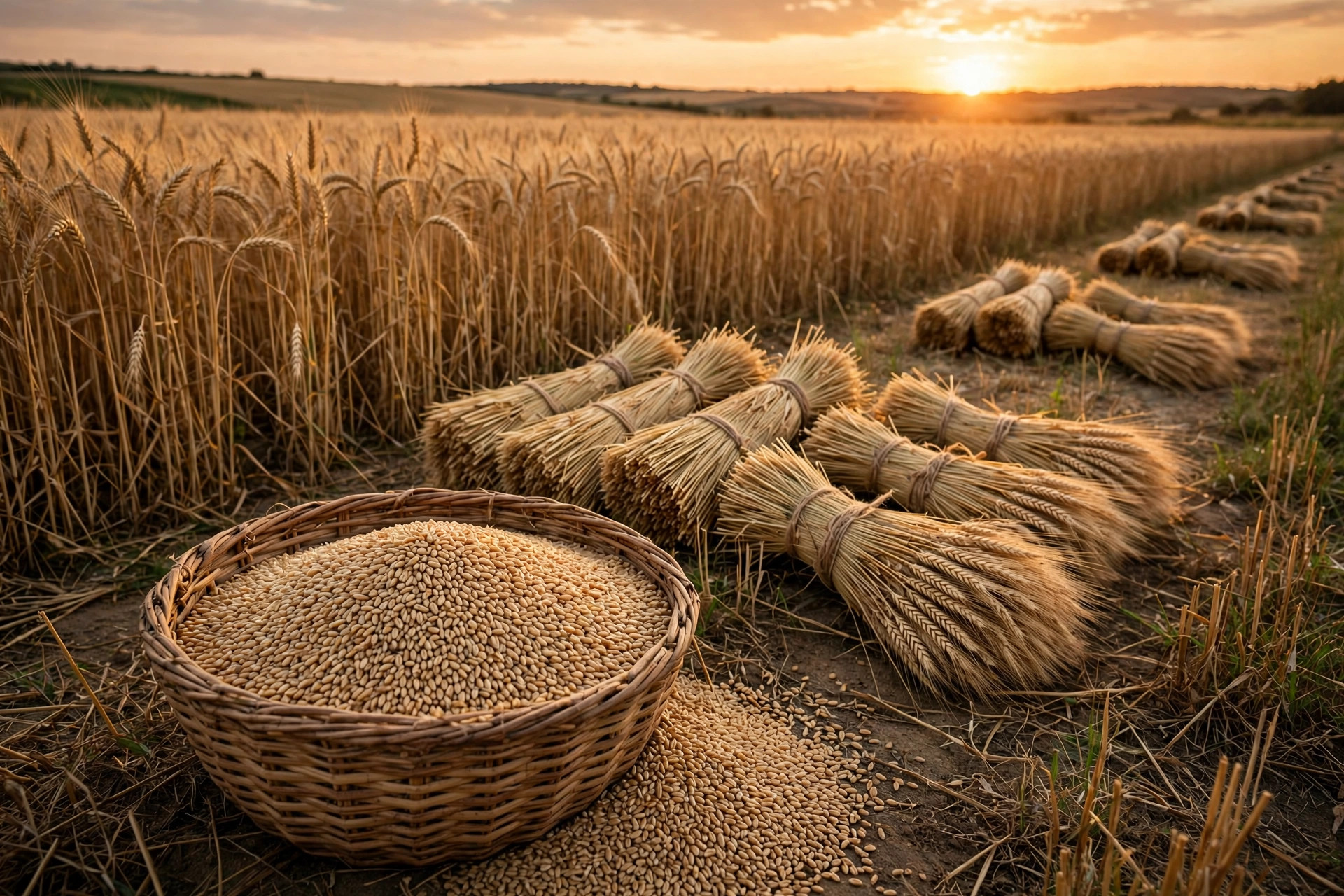 Golden wheat sheaves and grain in a woven basket on a farm field at harvest time, with no people visible.