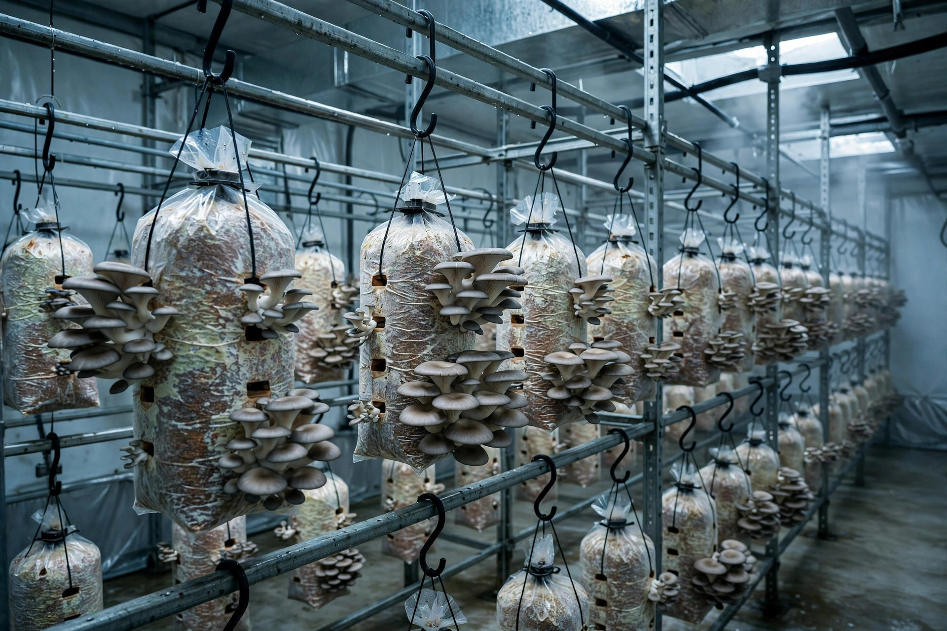 Rows of mushroom growing bags hanging on racks inside a shaded indoor growing room